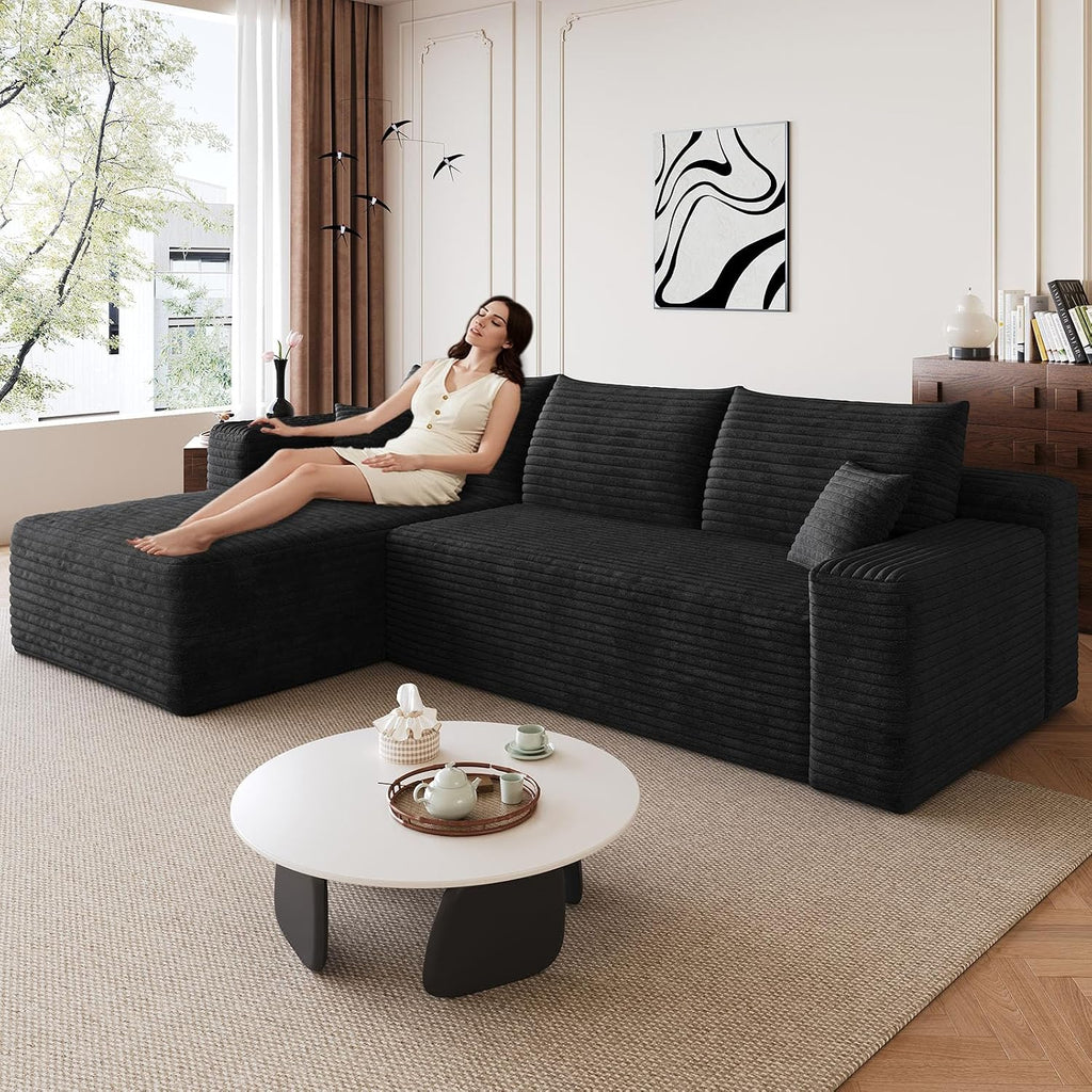 95' Modular Sectional Sofa, Modern Corduroy Cloud Couch with Side Pockets, Boneless Couch Upholstered 3-Seater L-Shaped Sofa for Living Room, No Assembly Required (Black,Left-Facing Chaise)