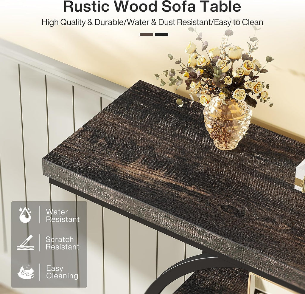 Tribesigns 41.3' Console Table, Industrial 4-Tier Sofa Table Entryway Table with Circle Base, Narrow Wood Accent Tables with Storage Shelves for Living Room, Hallway, Foyer, Charcoal Black
