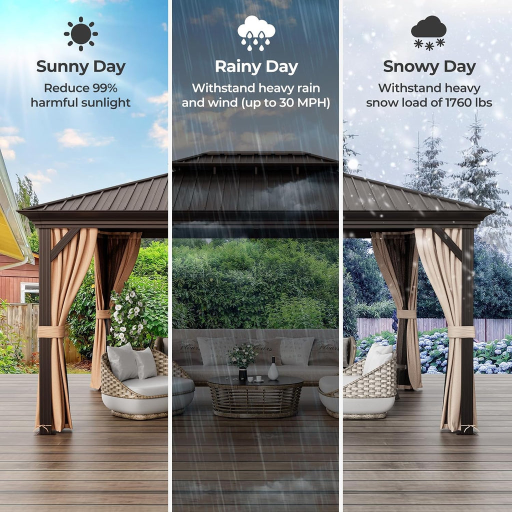 Tangkula 12x16 Ft Hardtop Double-Roof Patio Gazebo with Galvanized Steel Roof, Aluminum Frame, Tan Color
