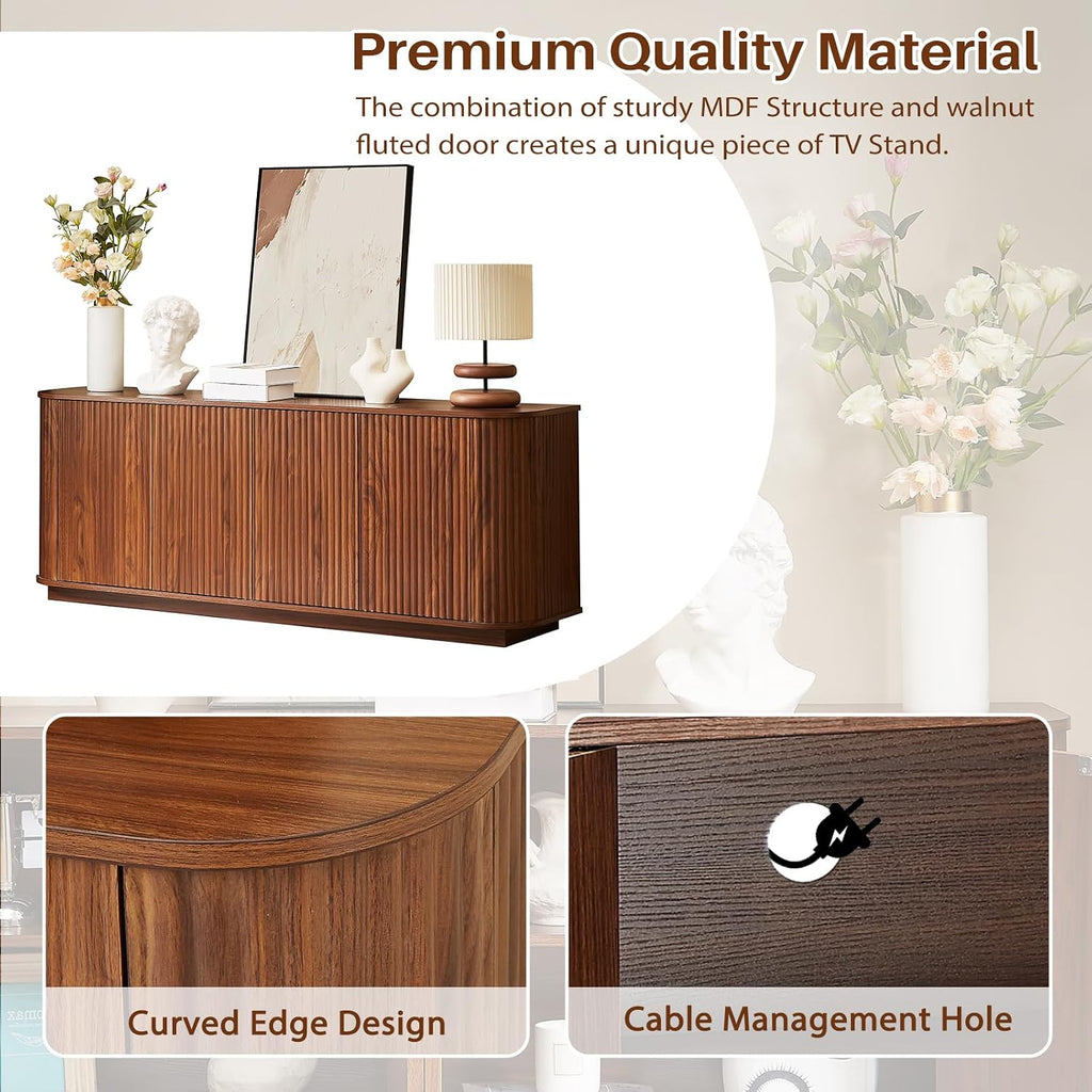 Fluted TV Stand for TVs Up to 75 Inch, Walnut Mid Century Modern TV Console for Living Room, Entertainment Center with Storage, Wood Media Console Cabinet