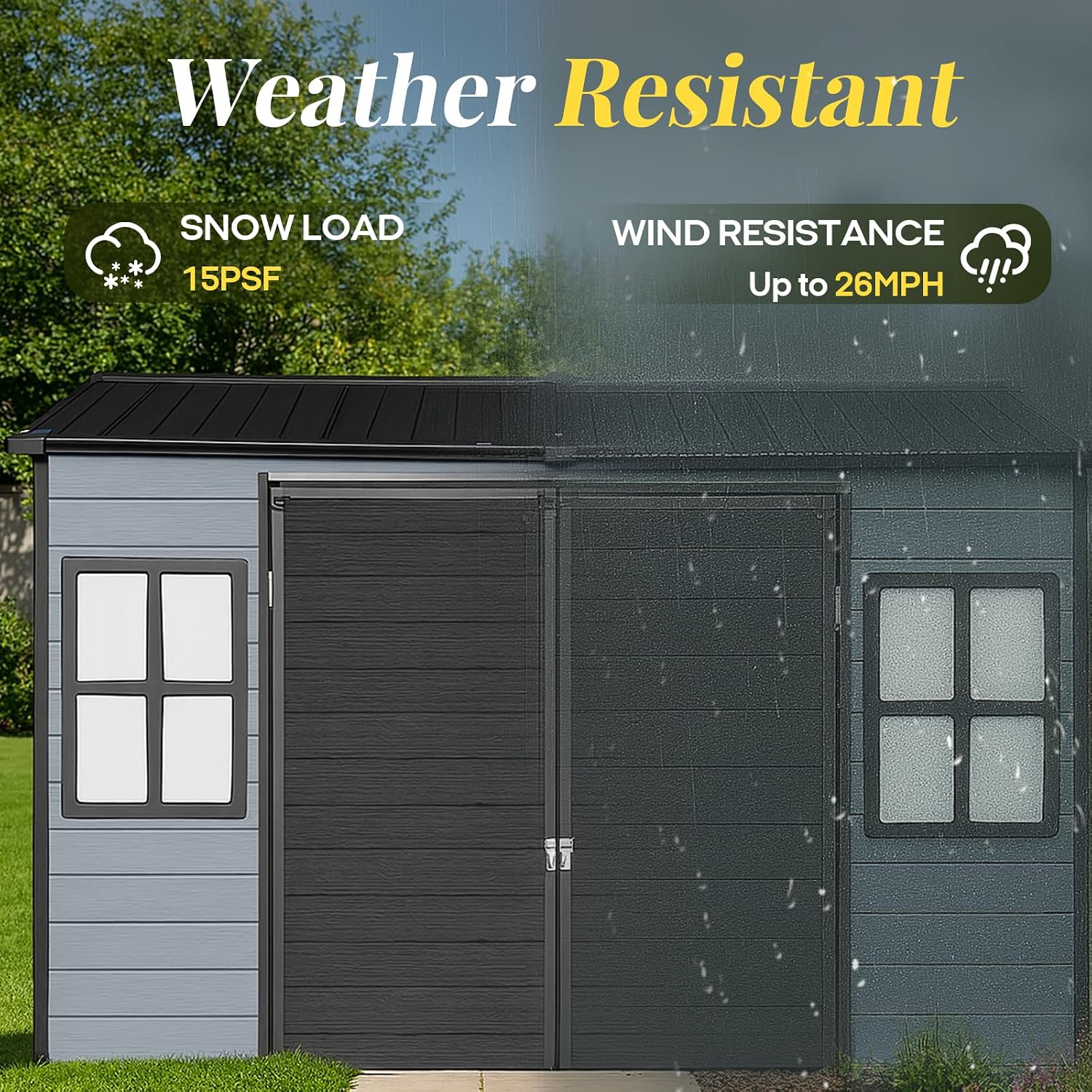 8x4ft Resin Outdoor Storage Shed with Floor and 2 Windows, Plastic Sheds & Outdoor Storage Clearance for GardenTools, Patio Furniture, Bike Accessories and Lawn Mower, Black+Grey
