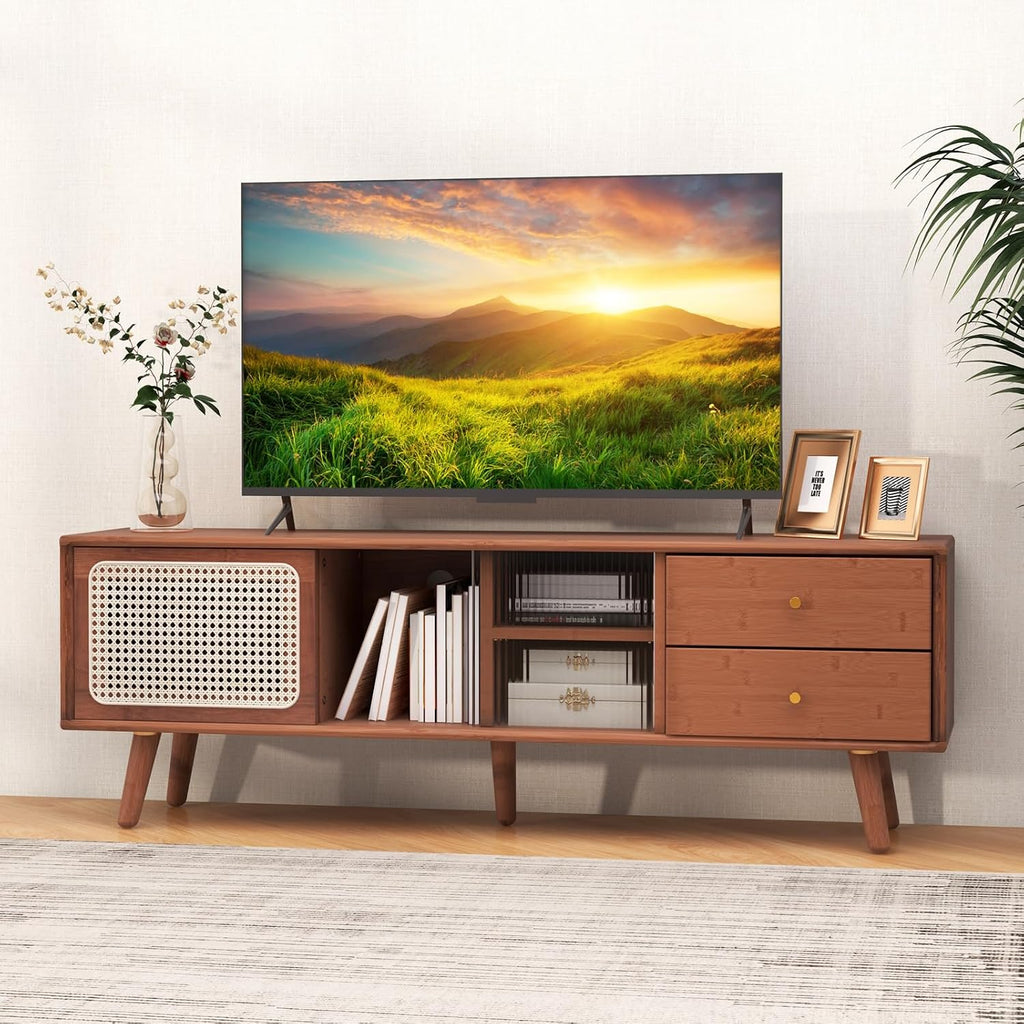 Tangkula Mid Century Modern TV Stand for TVs up to 65', Bamboo Entertainment Center w/Glass & PE Rattan Sliding Doors, 2 Drawers, Adjustable Shelf, Wood Legs, Media Console (Bamboo 2-Walnut)