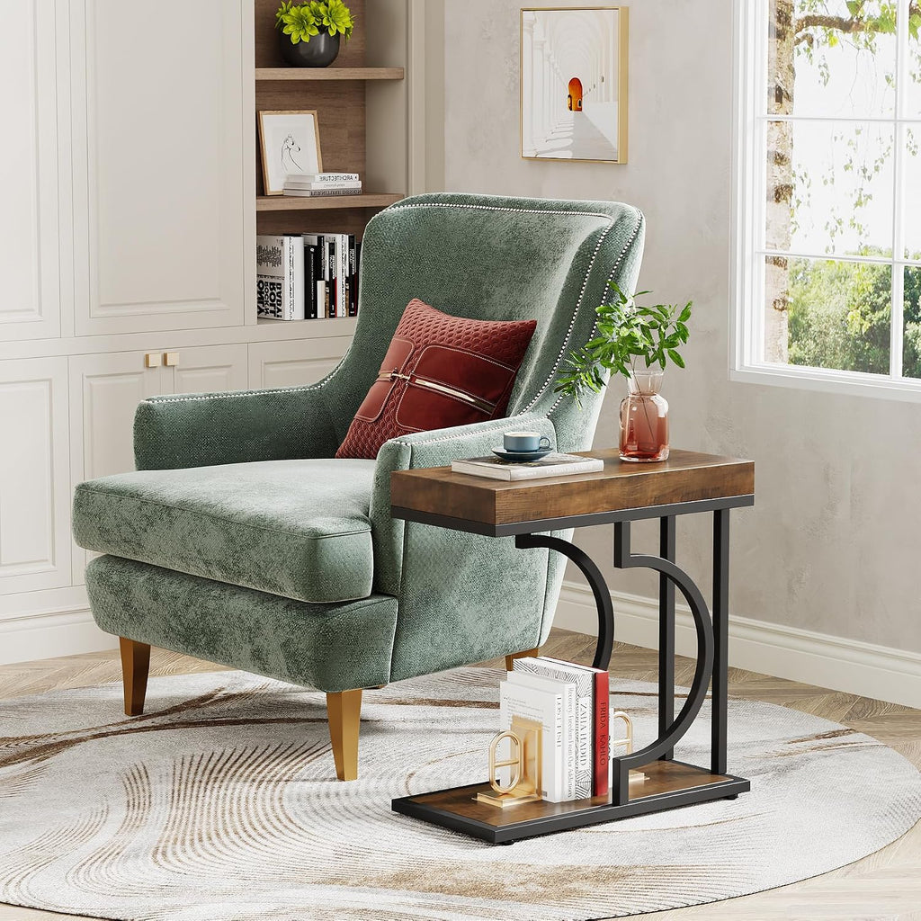 Tribesigns Narrow Side Table Set of 2, C Shaped End Table for Couch, Modern Bedside Tables with Metal Frame, Small Sofa Tables for Small Spaces, Living Room (2, Brown+Black)