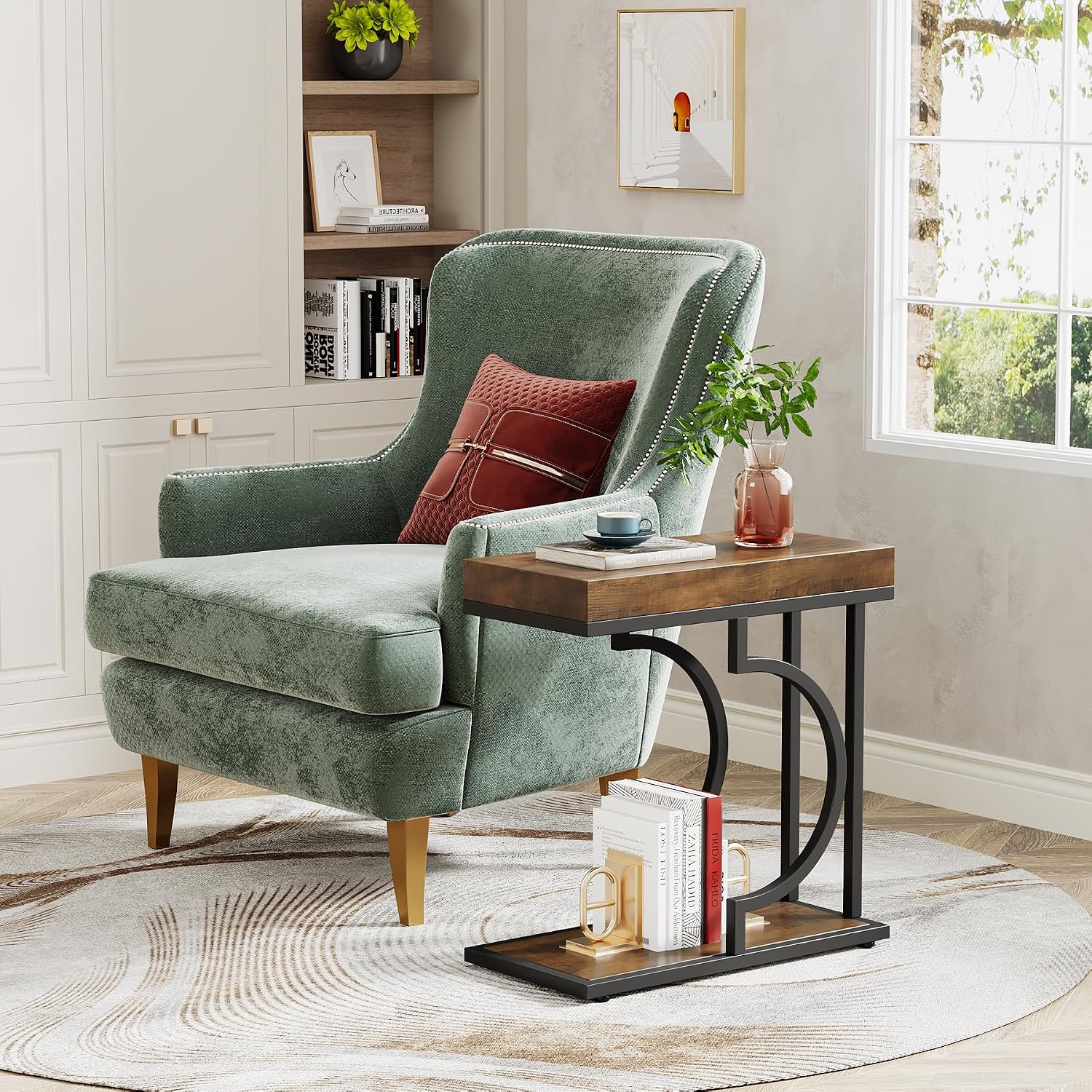 Tribesigns Narrow Side Table Set of 2, C Shaped End Table for Couch, Modern Bedside Tables with Metal Frame, Small Sofa Tables for Small Spaces, Living Room (2, Brown+Black)