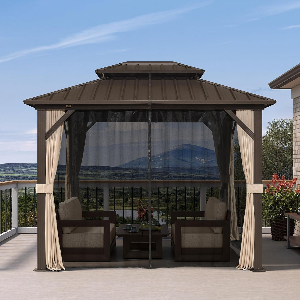 PURPLE LEAF 8' X 10' Hardtop Gazebo Outdoor Gazebos Metal Frame Galvanized Steel Double Roof with Curtains and Nettings for Patio Desk Backyard Bronze