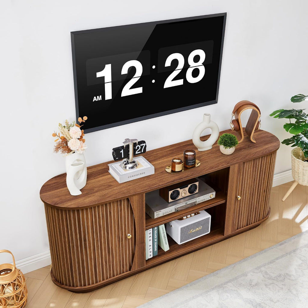 Turtle & Myrtle 63' Mid Century Modern TV Stand for Tvs up to 70', Fluted TV Media Console Table with Storage and Adjustable Shelves, Curved Edge Entertainment Center for Living Room (Brown)