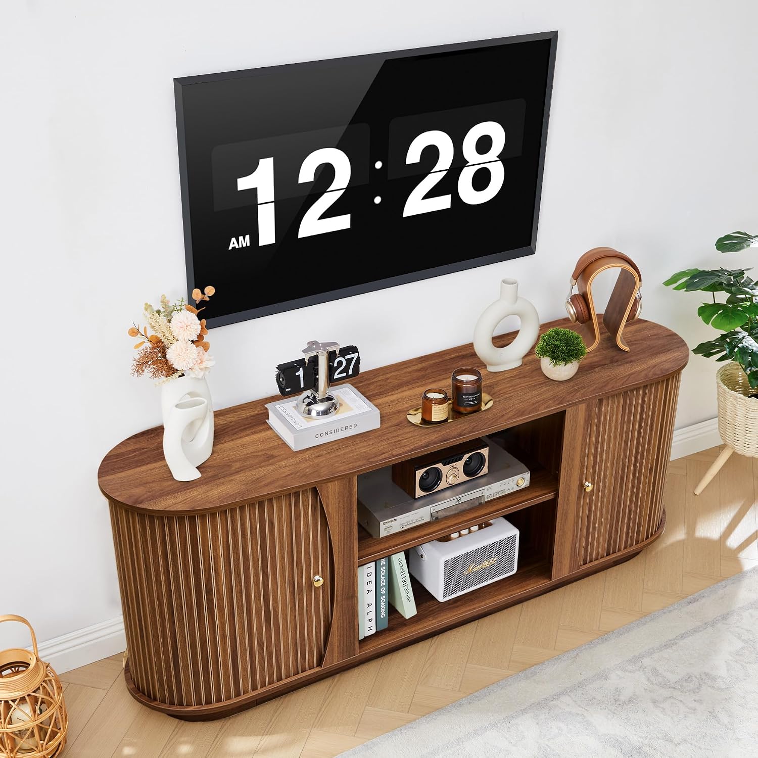Turtle & Myrtle 63' Mid Century Modern TV Stand for Tvs up to 70', Fluted TV Media Console Table with Storage and Adjustable Shelves, Curved Edge Entertainment Center for Living Room (Brown)