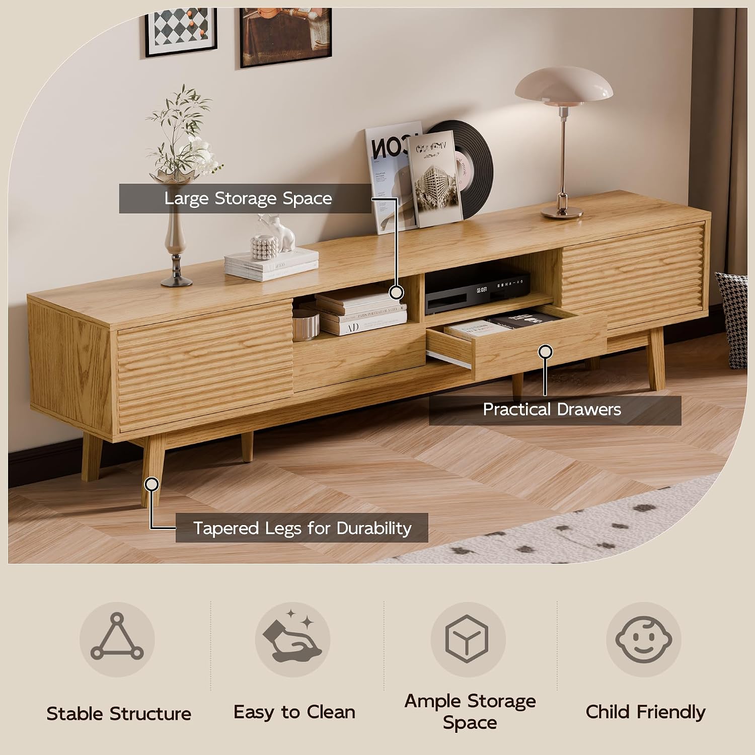 TOLEAD 70' Mid Century Modern TV Stand for TVs up to 75 Inch, Low Profile Entertainment Center with Fluted Sliding Doors & Storage Drawers, Wood TV Console Table for Living Room, Oak