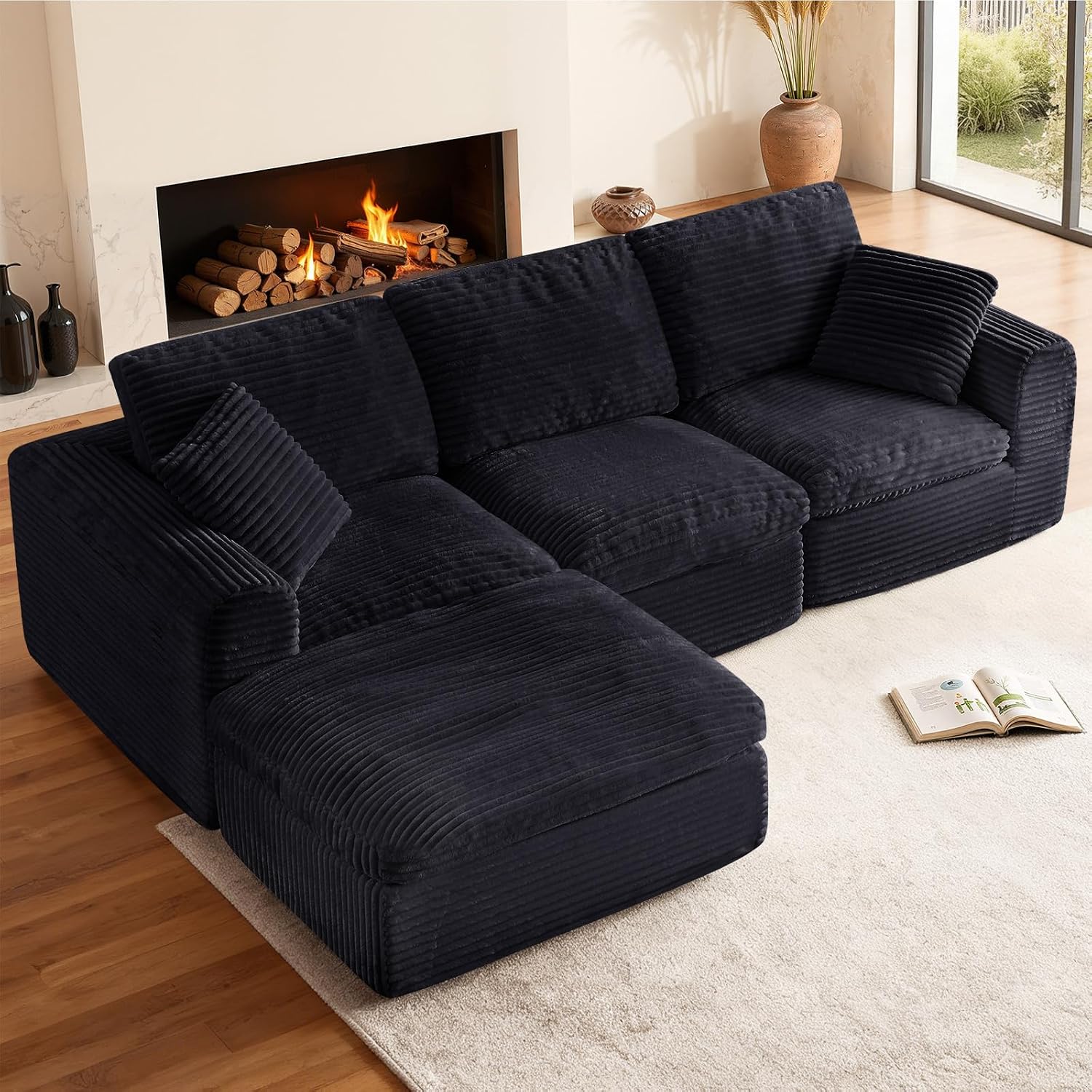 108' Modular Sectional Sofa Couches L Shaped Couch 3 Seater Cloud Sofa Memory Foam Sectional Couches for Living Room, Boneless Couch with Ottoman, Corduroy, Black