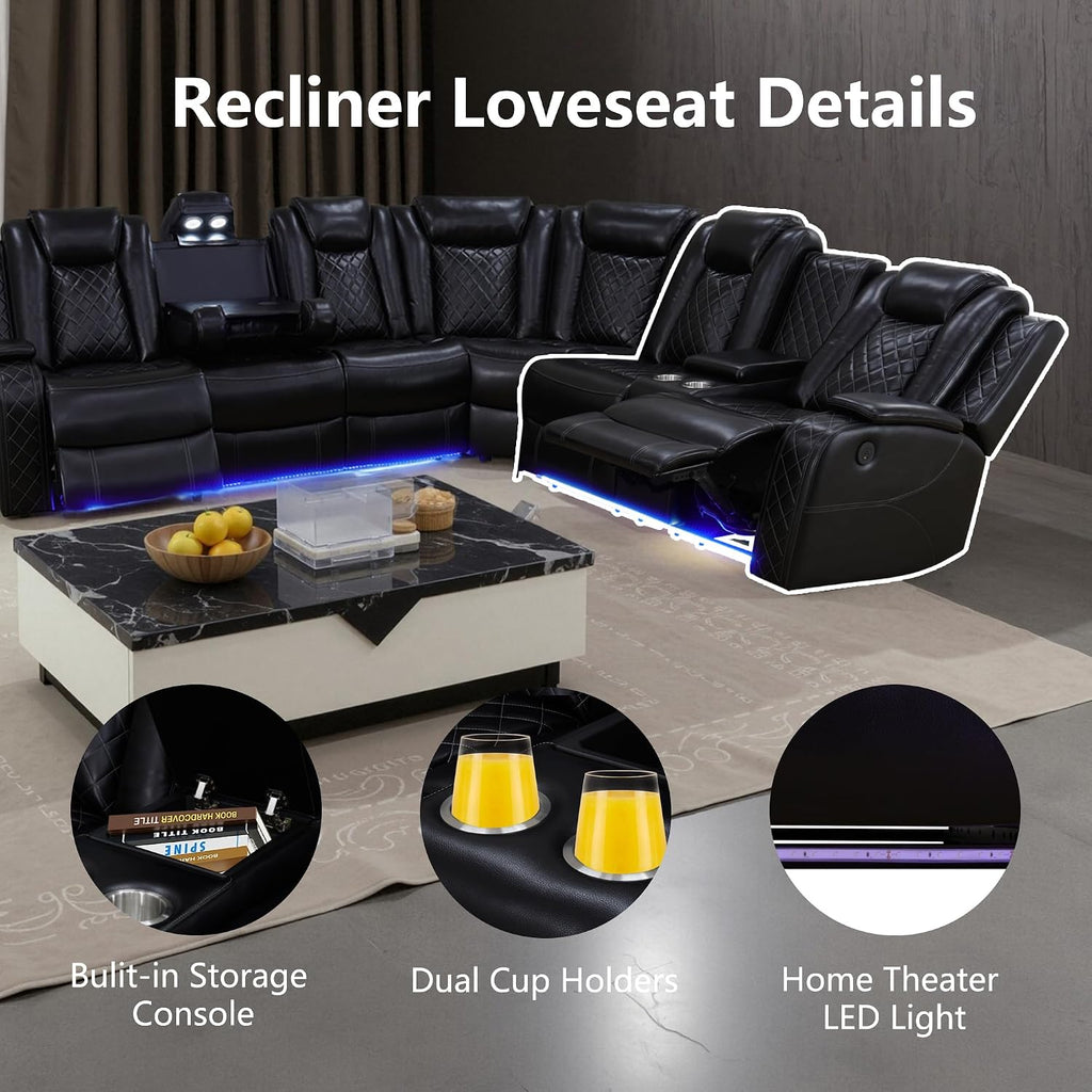Power Recliner Sofa Set with LED, Breathing Leather Sectional Couch for Living Room, Living Room Furniture Set L Shaped Reclining Couch and Chair with Cup Holders&Storage (Black)