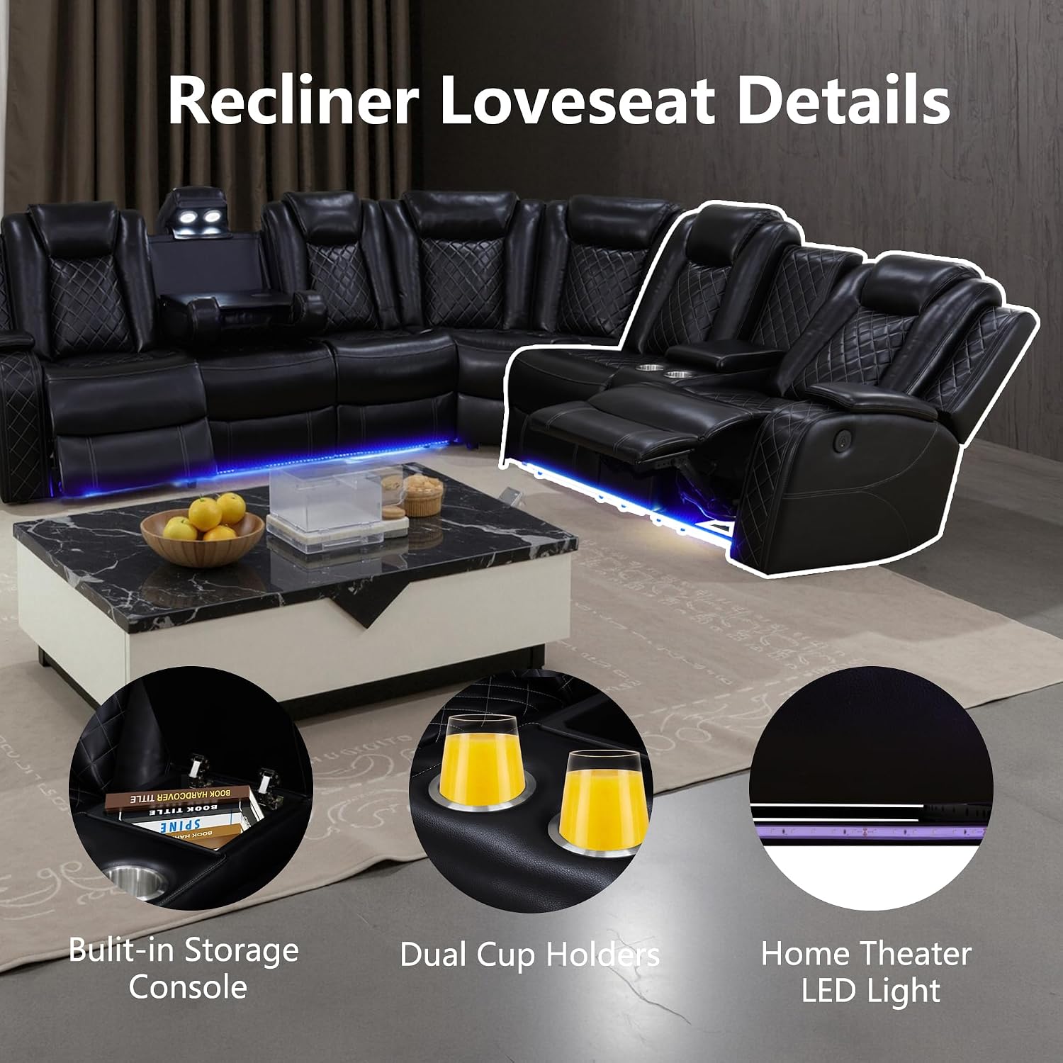 Power Recliner Sofa Set with LED, Breathing Leather Sectional Couch for Living Room, Living Room Furniture Set L Shaped Reclining Couch and Chair with Cup Holders&Storage (Black)