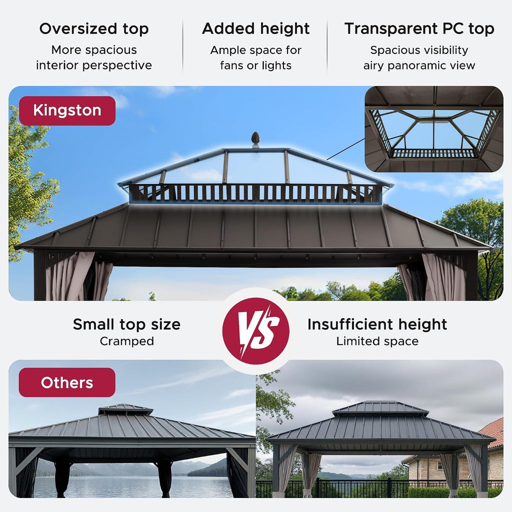 SUNJOY Kingston 14' x 12' Hardtop Gazebo with Galvanized Steel/Polycarbonate Double Roof, Curtain and Netting, Brown Aluminum Posts Permanent Pavilion Gazebo for Garden, Patio, Deck, Lawn