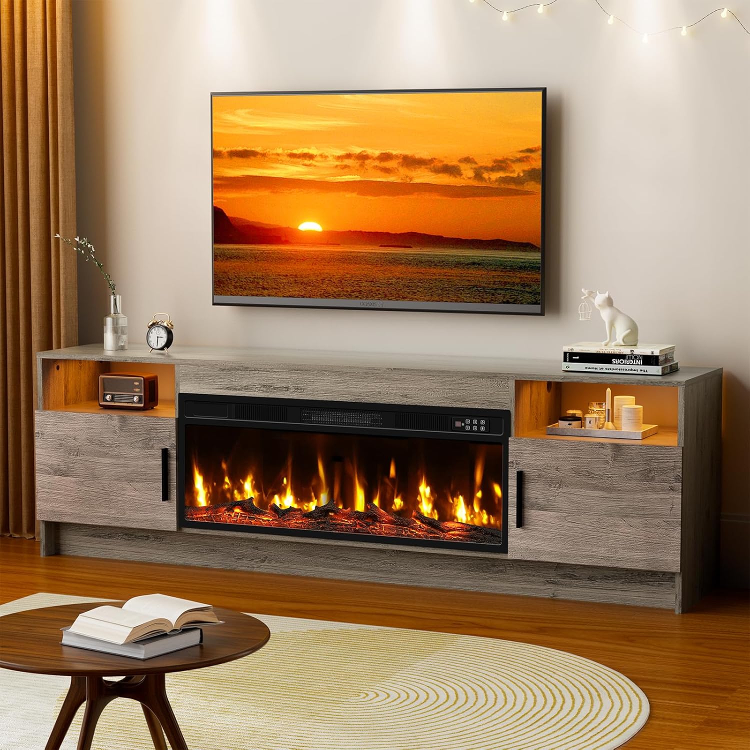 Kucreiheat Fireplace TV Stand for 65-80 inch TV, Large Entertainment Center with Fireplace & LED Lights,High Gloss Living Room Storage Cabinet, Grey, 70''(Log)