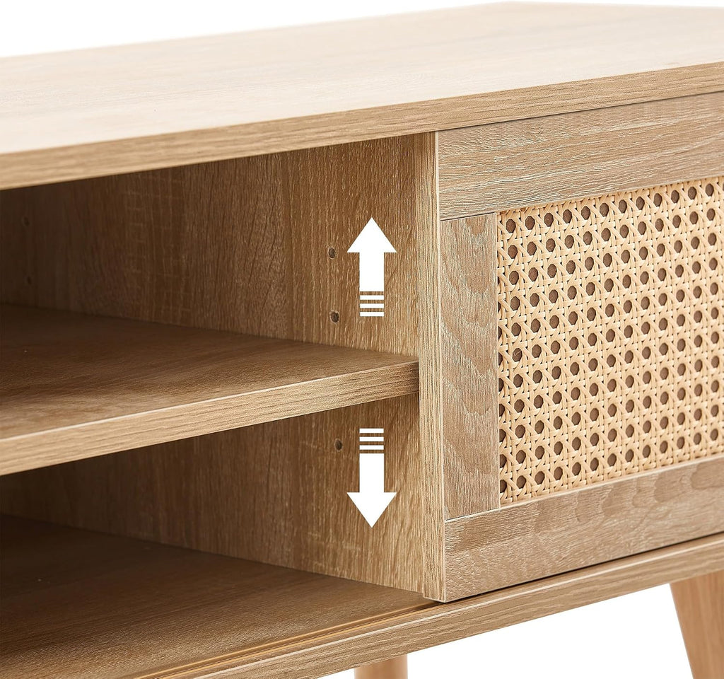 Rattan Weaving in Natural Wood Color TV Stand for TVs up to 55 Inch, TV Cabinet with Sliding Rattan Woven Door, Ideal for Living Rooms and Entertainment Centers