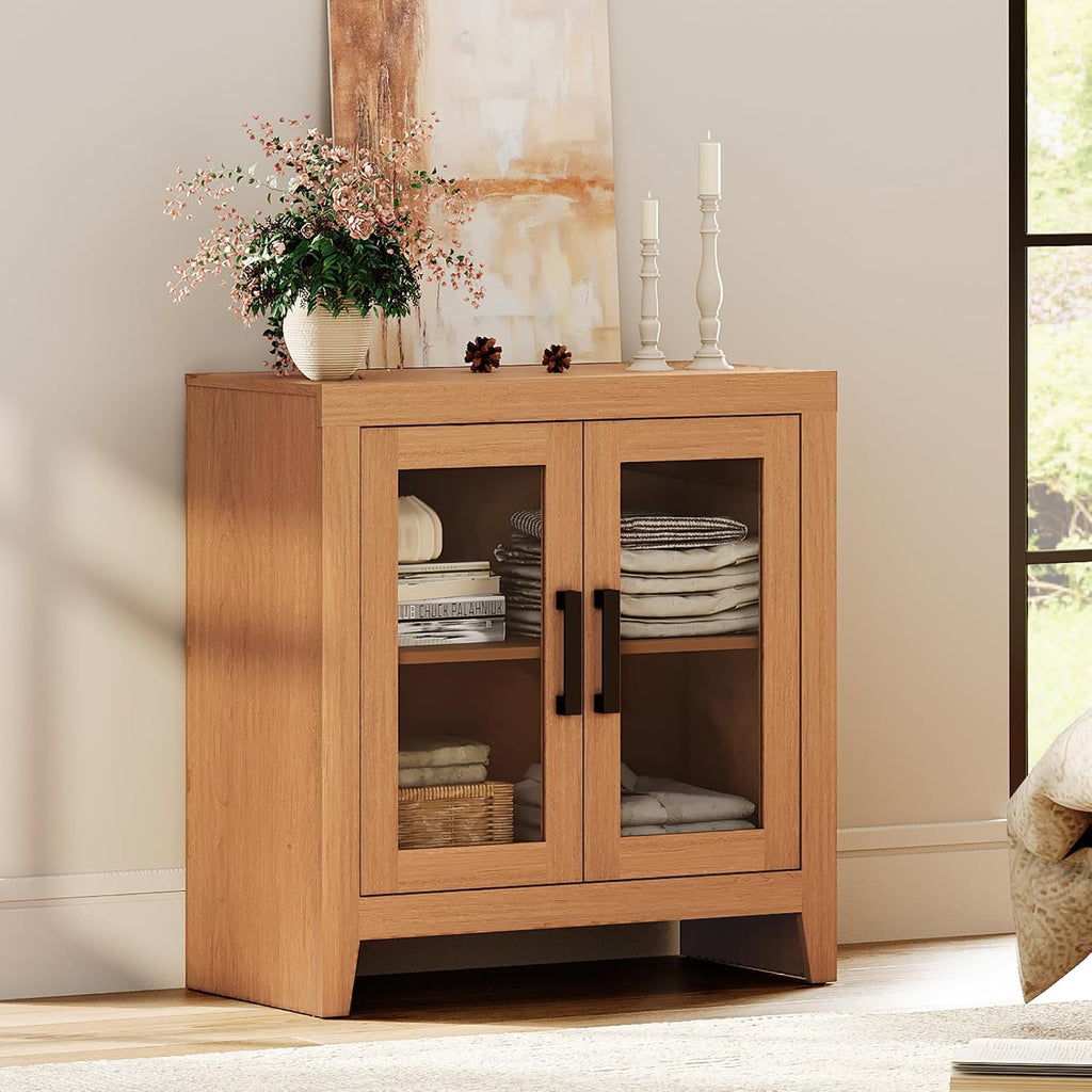WAMPAT Farmhouse TV Stand for TVs up to 50', Rustic Wood Entertainment Center with Adjustable Shelf, Glass Doors & Storage, Media Console Cabinet for Living-Room, Bedroom, Mocha