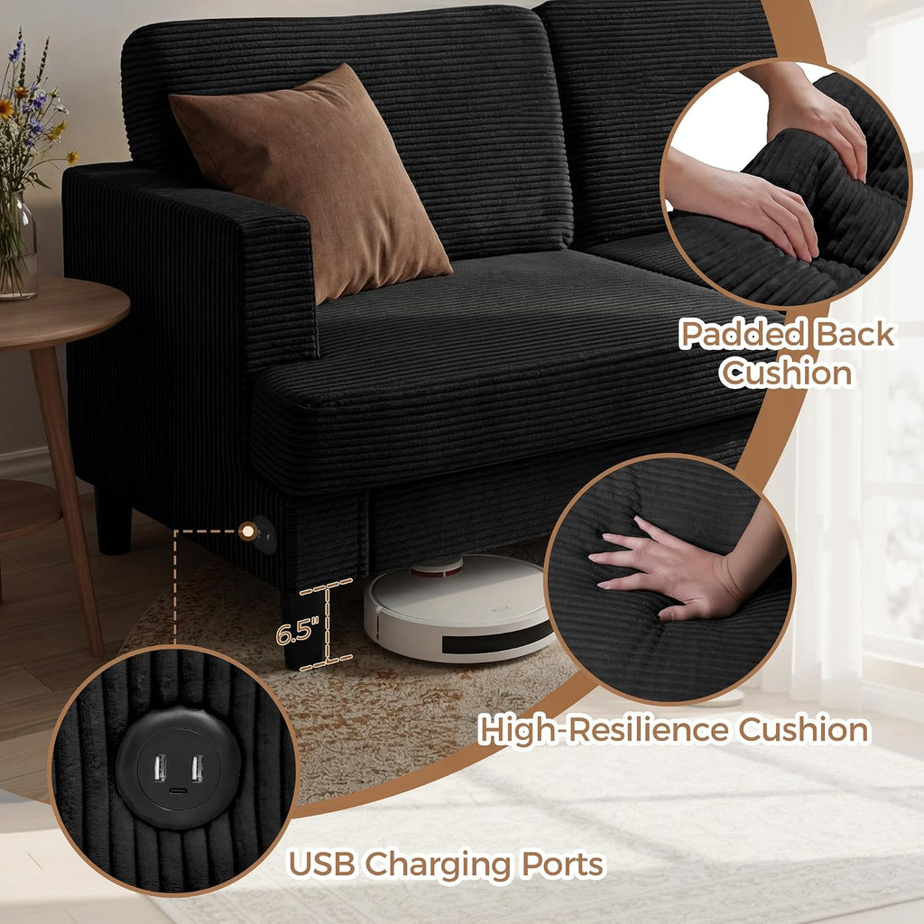 MAKIAAP 70' Loveseat Sofa for Living Room, Comfy Corduroy Couch with USB & Type-C Ports, Modern 2-Seater Deep Seat Small Couch for Bedroom, Apartment, Office – Soft Cushions & Sturdy Frame (Black)