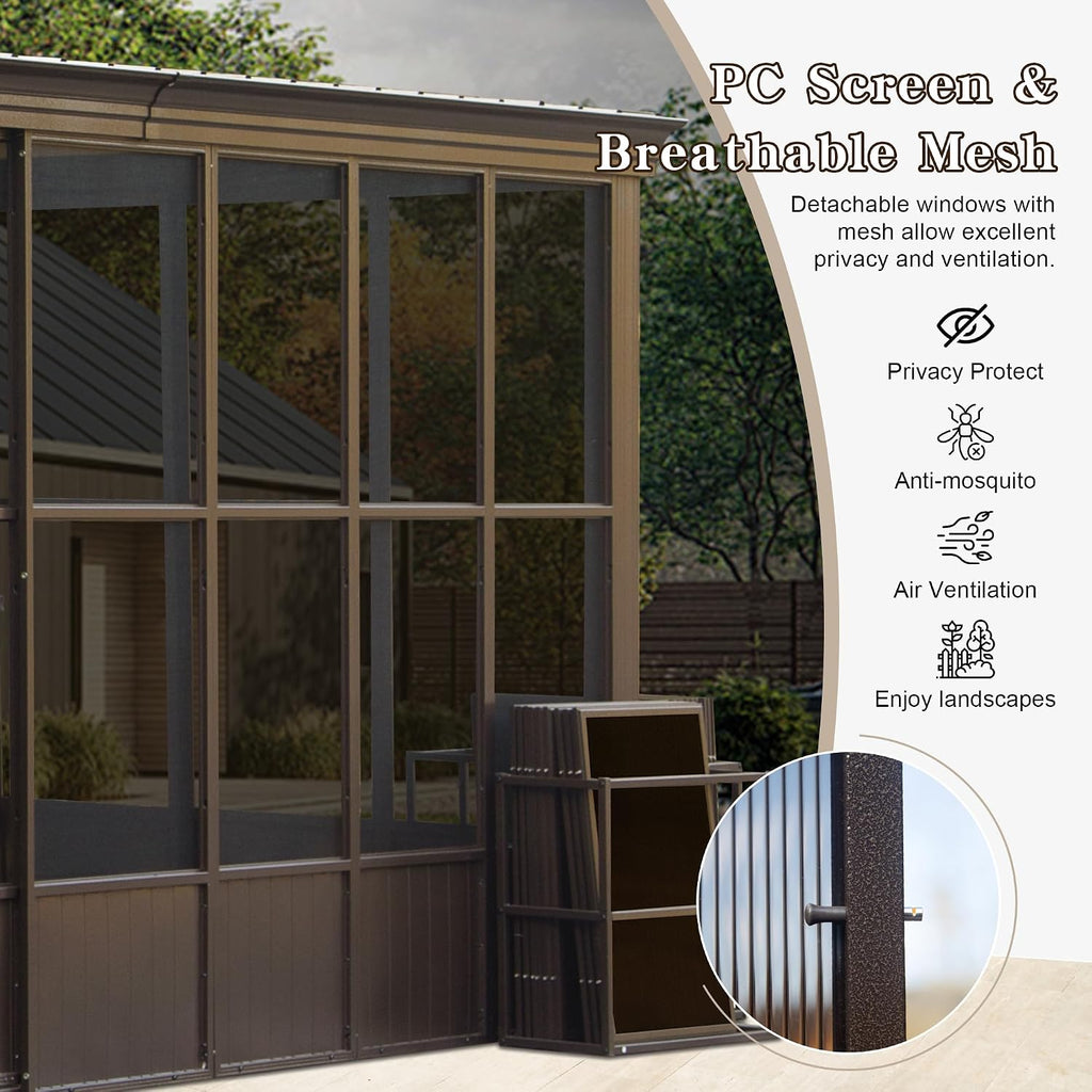Domi 12x20FT Sun Room, Wall Mounted Gazebo Solarium with Galvanized Steel Sloping Roof, Moveable PC Screen, Front Door & 2 Side Entrance, Outdoor Aluminum Lean-to Sunroom for Patio Deck