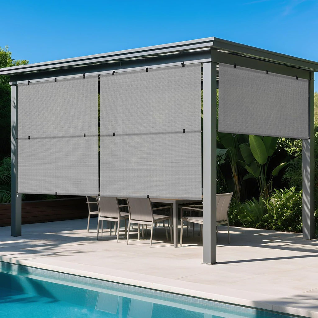 Windscreen4less 8'W x 12'H Outdoor Roll Up Foldable Shade Fabric UV Blockage Roller Shade for Deck Pergola Yard Gazebo Patio (Gray)