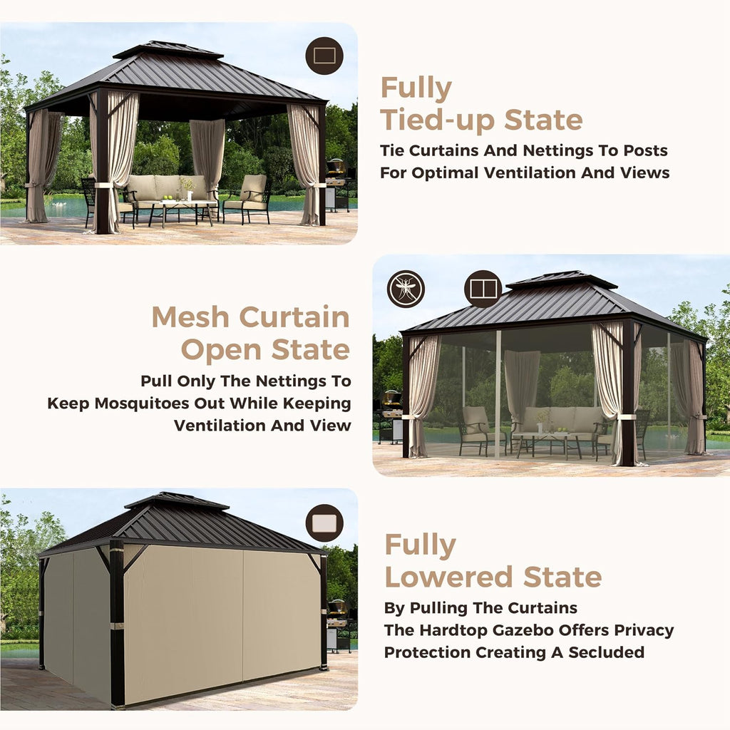 MIXPATIO 12' x 14' Hardtop Gazebo, Galvanized Steel Metal Double Roof Gazebo, Permanent Outdoor Metal Pavilion with Curtain and Netting for Deck, Backyard, Patio, Lawns