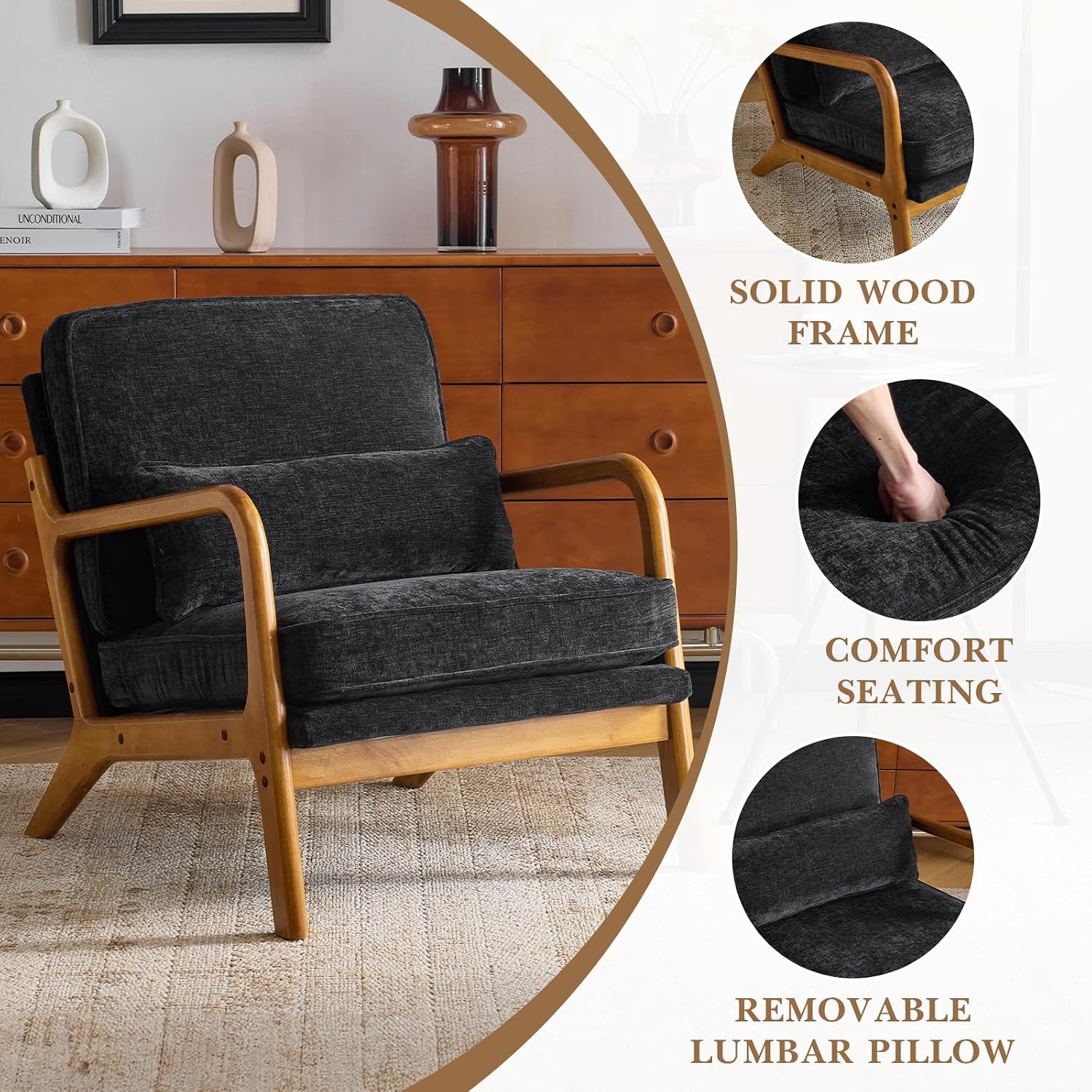 Karl home Mid Century Modern Accent Chair with Lumbar Pillow & Oak Arms – Plush Chenille Living Room Chair for Bedroom, Lounge (Black)