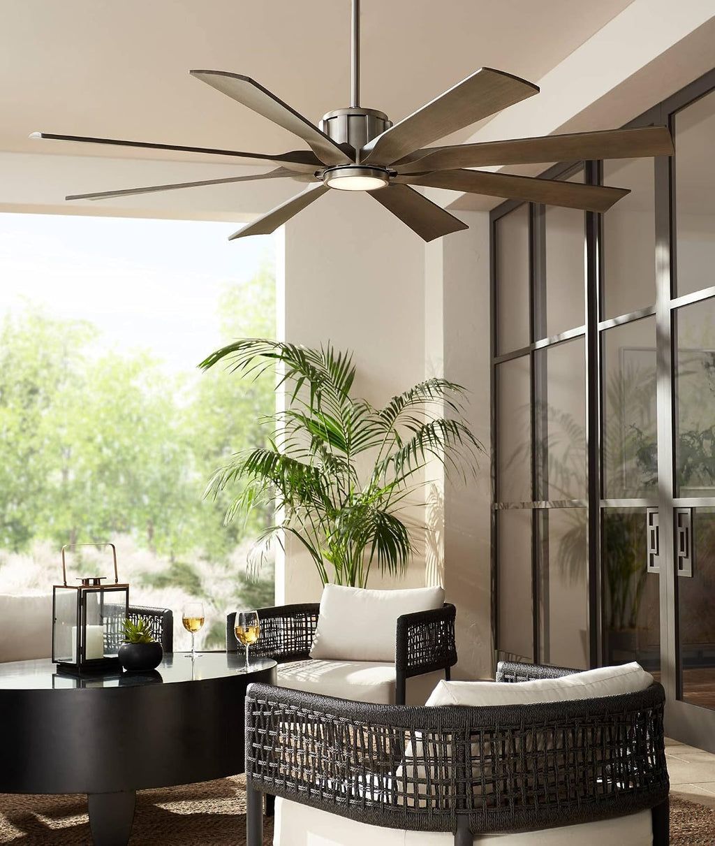 Possini Euro Design 60' Defender Modern Large Outdoor Ceiling Fan with LED Light Remote Control Brushed Nickel Weathered Oak Blades Dimmable Damp Rated for Patio Exterior House Porch Gazebo Garage