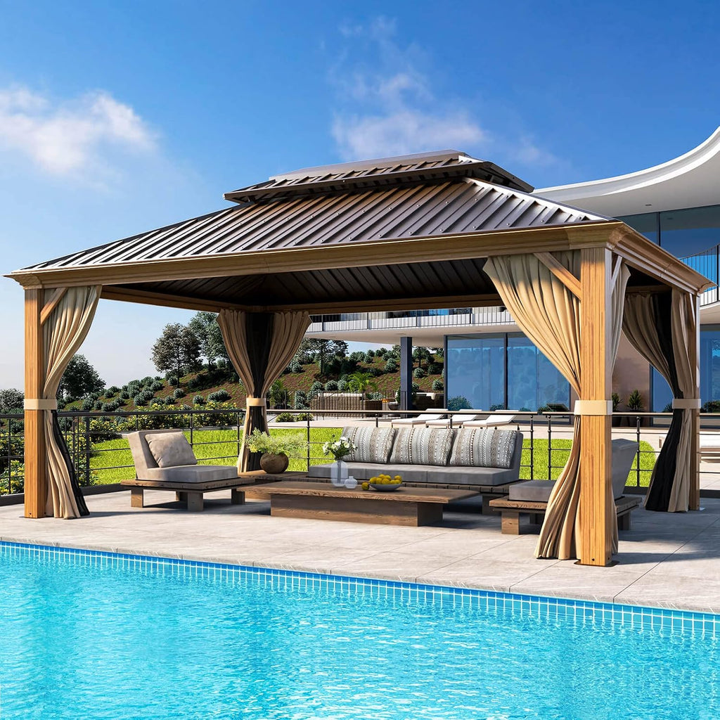 MELLCOM 12' x 16' Gazebo, Wooden Finish Coated Aluminum Frame Hardtop Gazebo with Galvanized Steel Double Roof, Outdoor Permanent Metal Pavilion with Curtains and Nettings for Patios, Gardens, Lawns