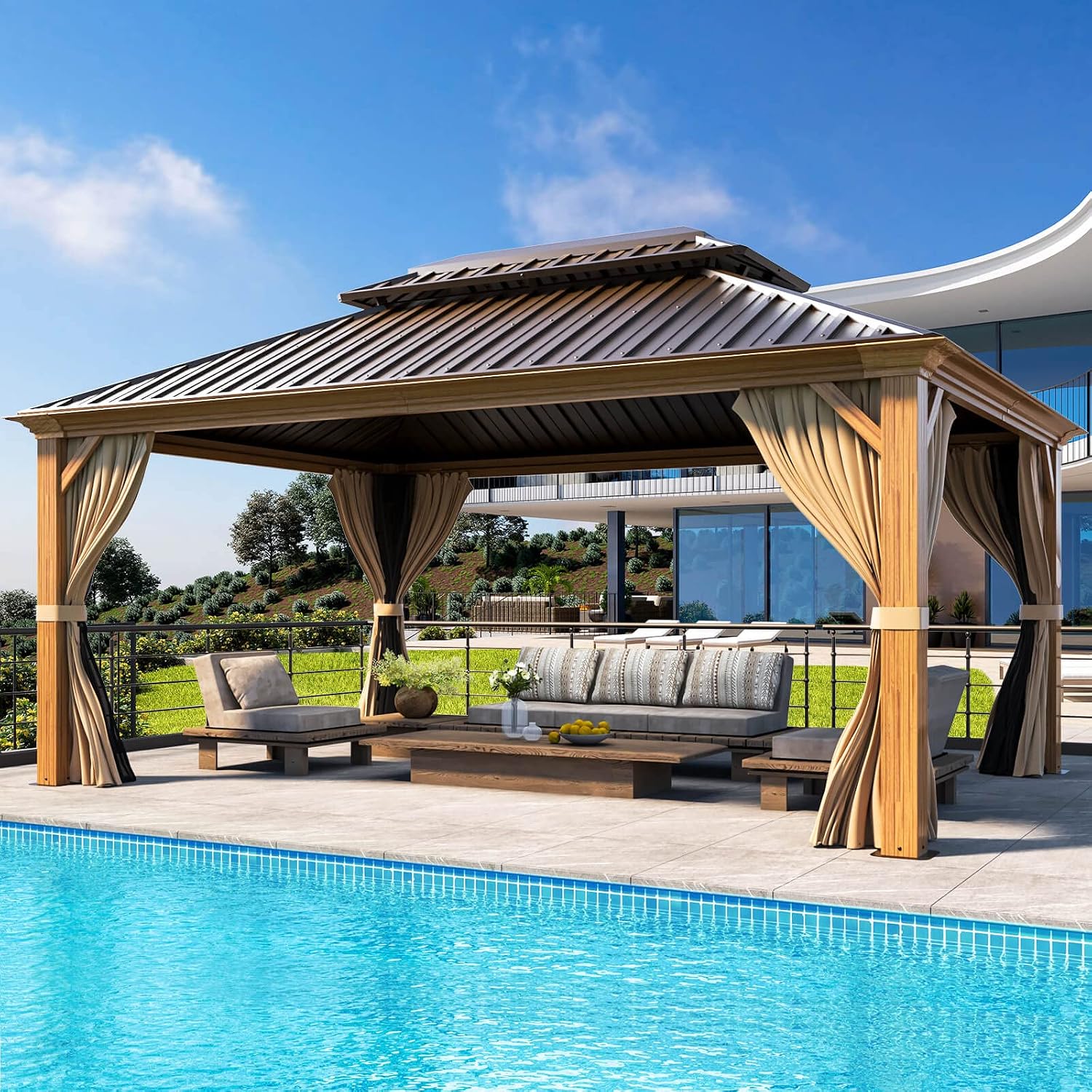 MELLCOM 12' x 16' Gazebo, Wooden Finish Coated Aluminum Frame Hardtop Gazebo with Galvanized Steel Double Roof, Outdoor Permanent Metal Pavilion with Curtains and Nettings for Patios, Gardens, Lawns