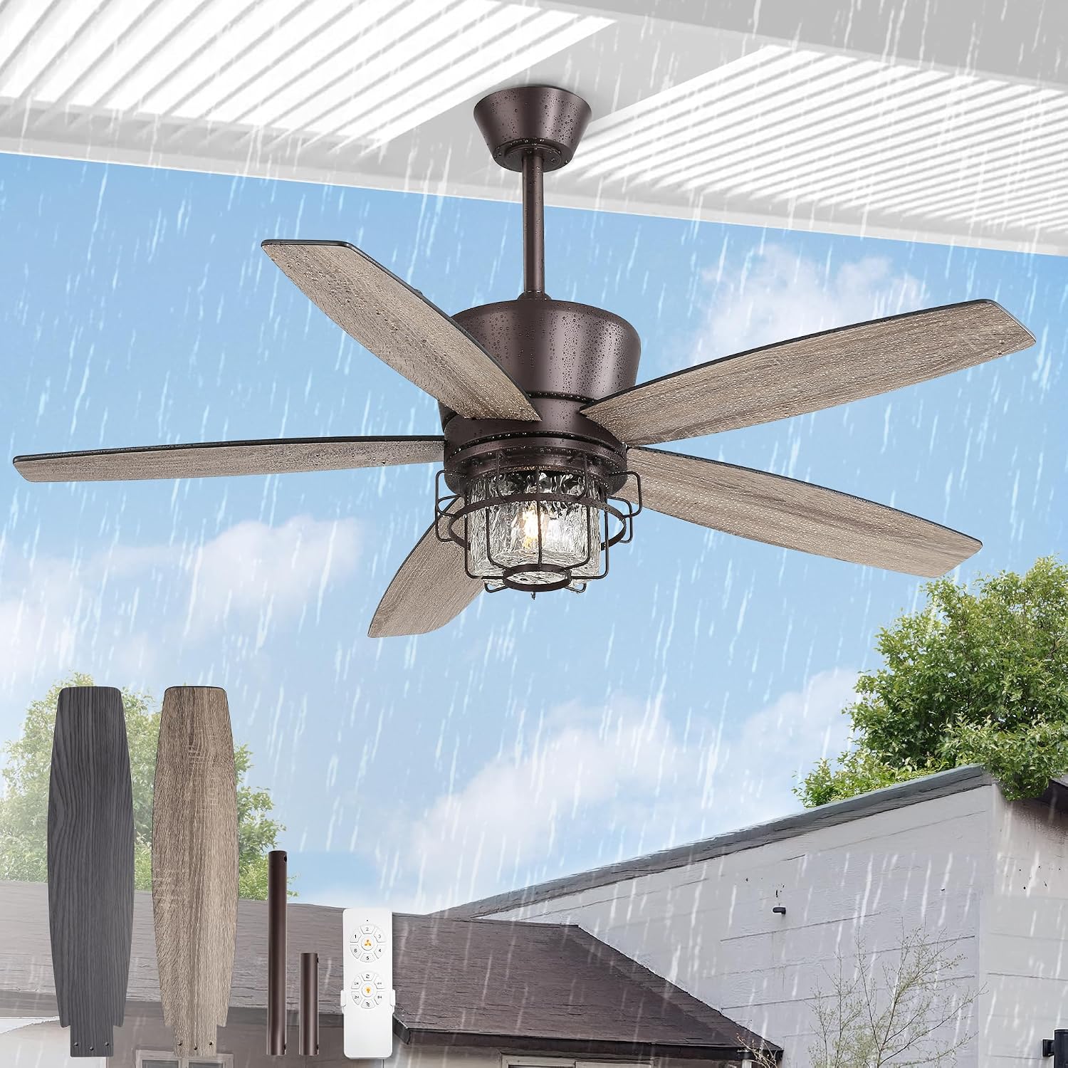 Fanbulous 52' Outdoor Ceiling Fans with Lights and Remote Control,IP65 Wet Rated Waterproof Ceiling Fan with 6-Speed DC Motor, Farmhouse Gazebo Fan for Porch Patios Pavilion（Oil-Bronze）