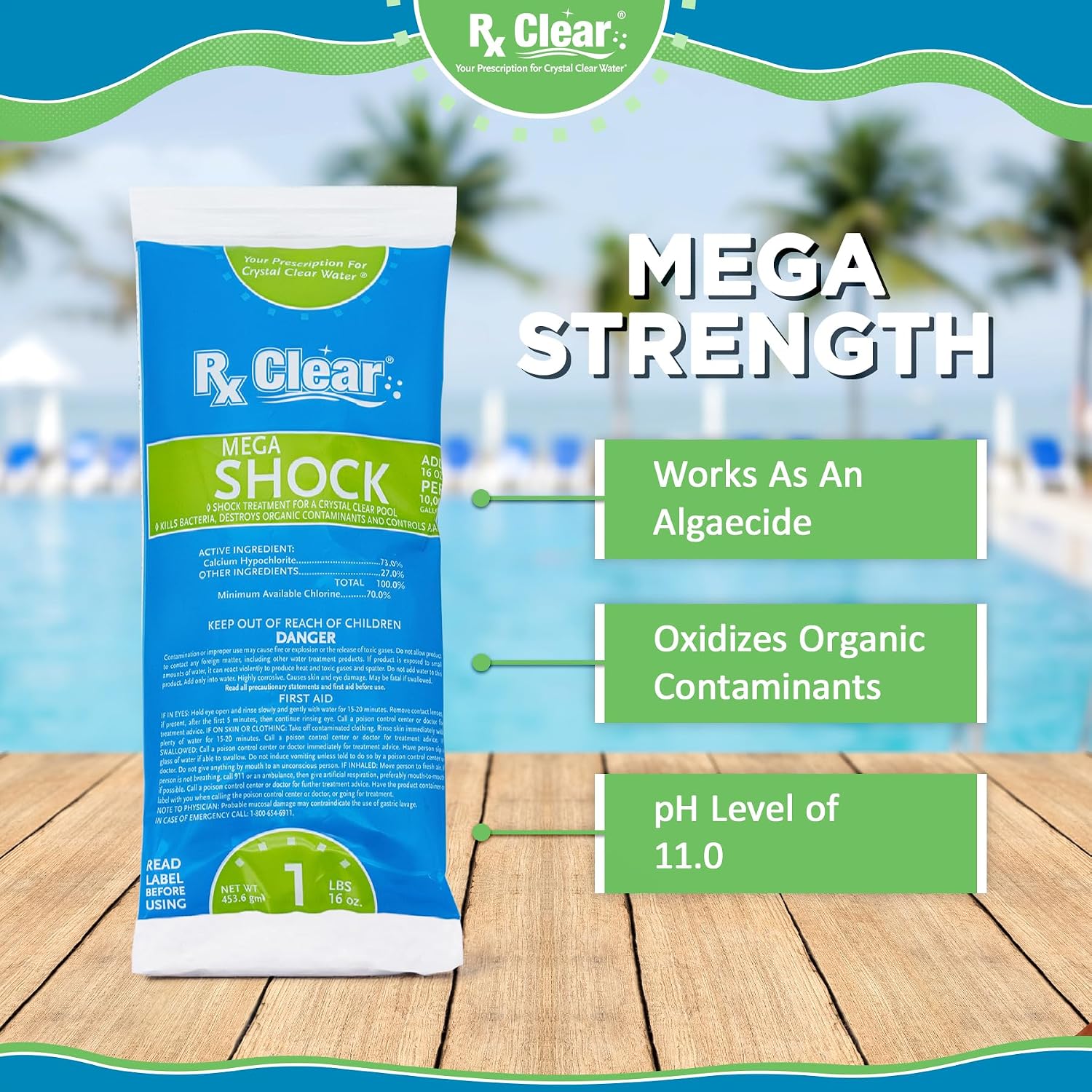 Rx Clear Mega Shock | 73% Calcium Hypochlorite | Kills Algae in Swimming Pools | Works As Pool Sanitizer Clarifier and Algicide | One Pound Bags | 24 Pack
