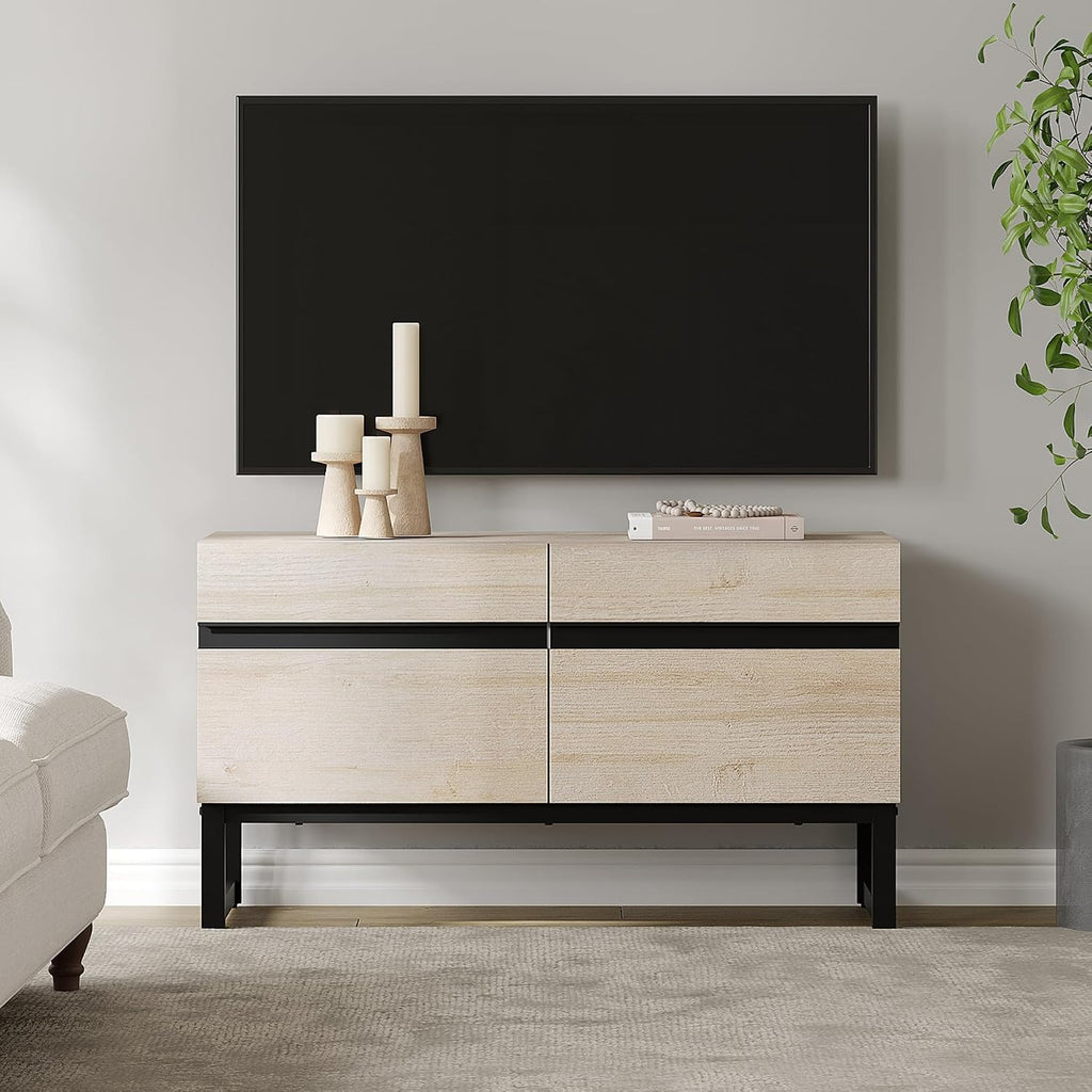 WAMPAT Modern TV Stand for 26-40 Inch TVs, Wood Entertainment Center with Metal Base Storage Cabinets, Media TV Console for Living Room, Light Oak, 1Pcs
