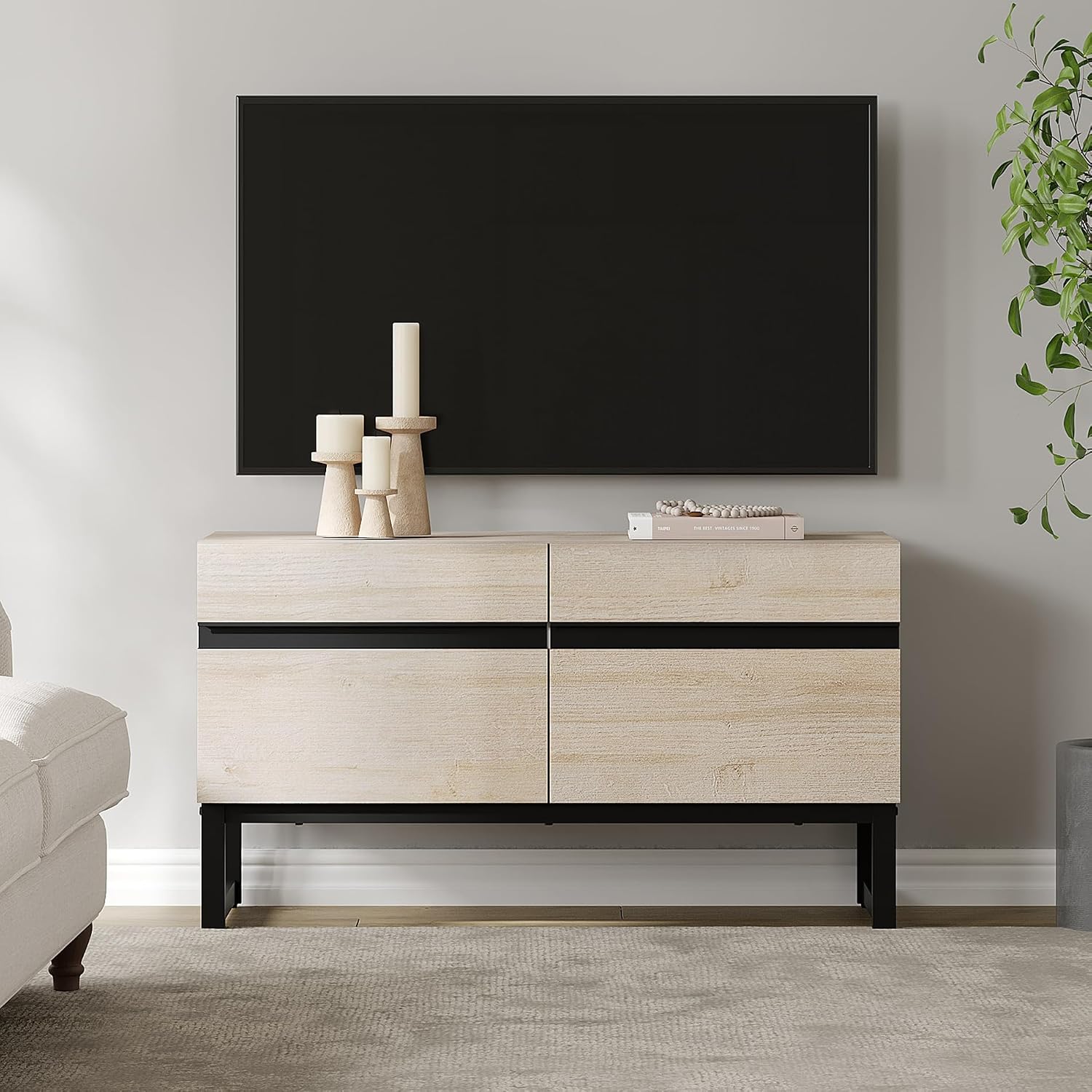 WAMPAT Modern TV Stand for 26-40 Inch TVs, Wood Entertainment Center with Metal Base Storage Cabinets, Media TV Console for Living Room, Light Oak, 1Pcs
