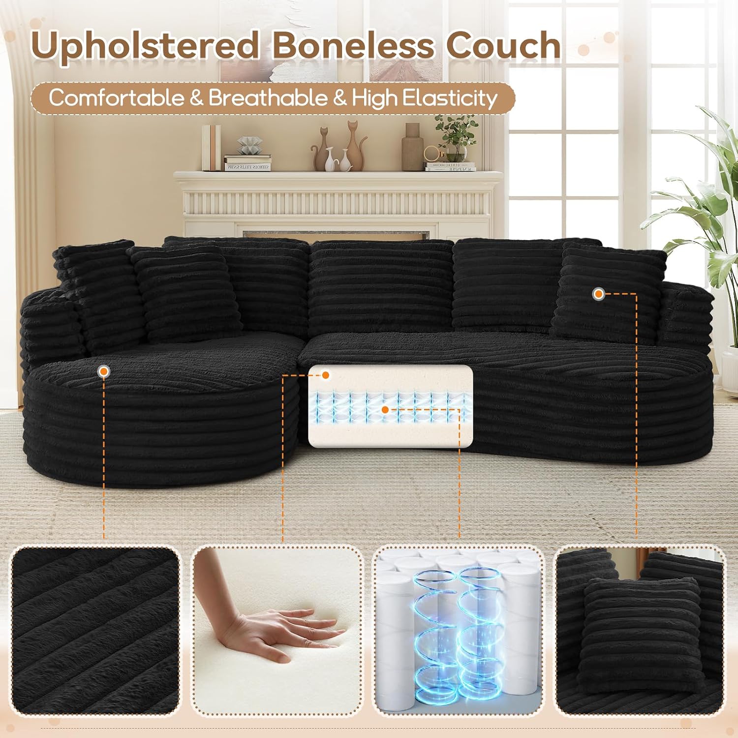 120'W Oversized Modern Curved Cloud Couch,Corduroy Modular Sectional Sofa with Chaise, L Shaped Boneless Couch, Compression Foam Sofa for Living Room Bedroom, No Assembly Required(Left Facing, Black)