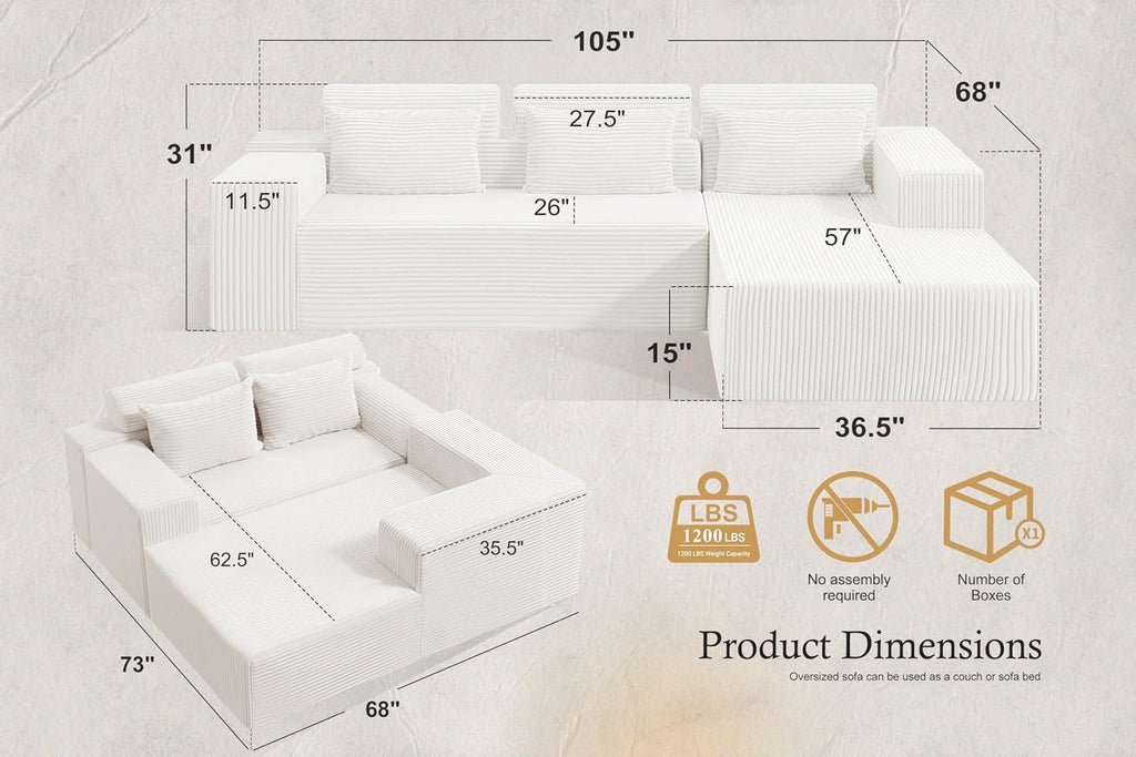 HABUTWAY Sectional Couches for Living Room,No Assembly L Shaped Couch 105' Modular Sectional Sofa Couch with Deep Seat,Cloud Couches Furniture Sets for Apartment,Corduroy (Beige, Right Facing)