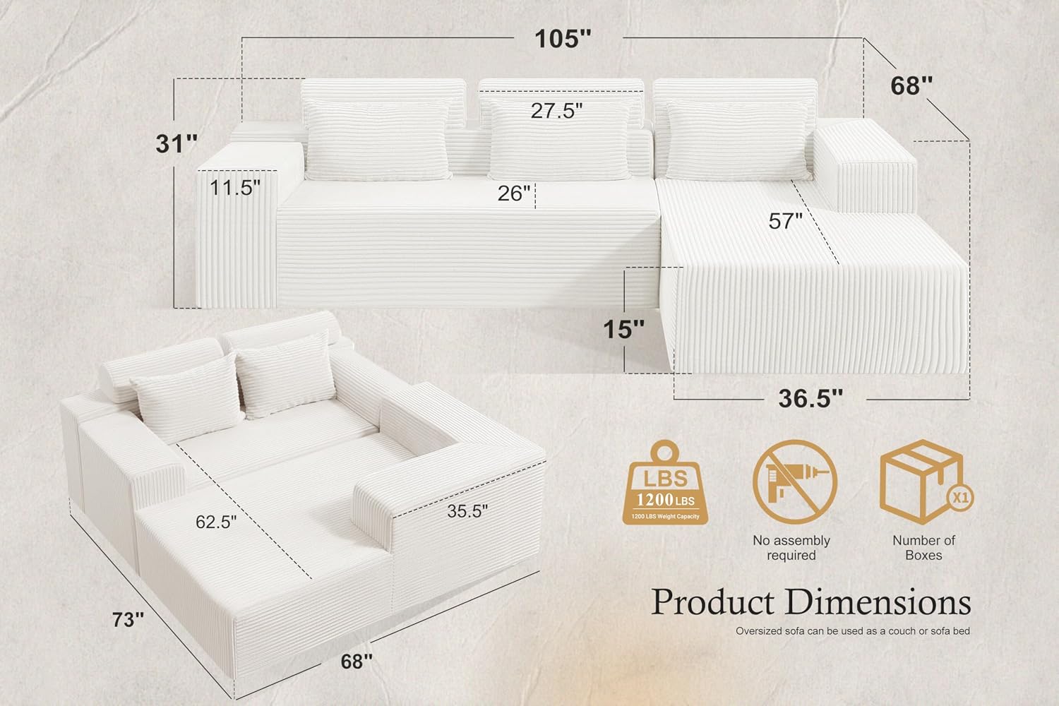 HABUTWAY Sectional Couches for Living Room,No Assembly L Shaped Couch 105' Modular Sectional Sofa Couch with Deep Seat,Cloud Couches Furniture Sets for Apartment,Corduroy (Beige, Right Facing)