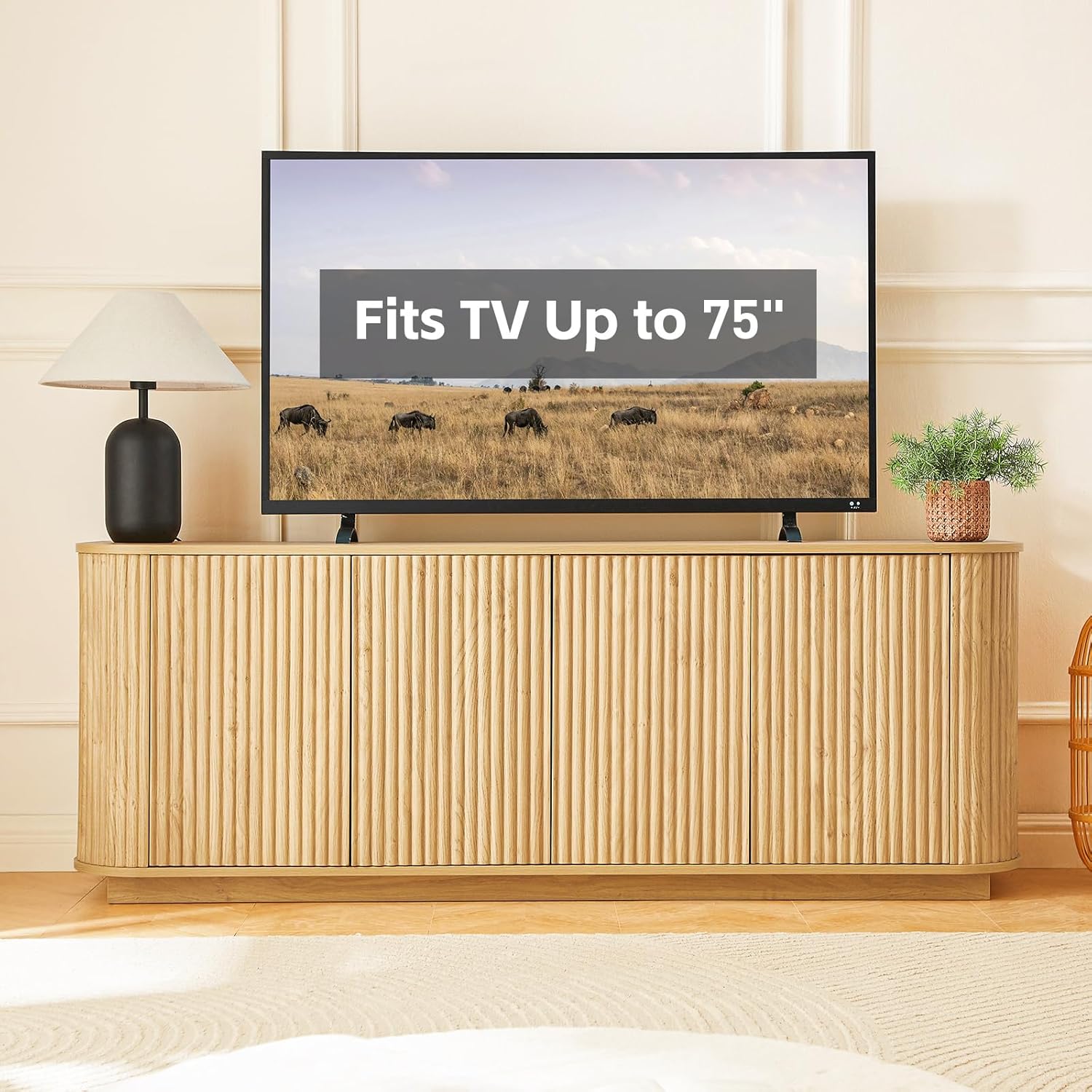 Fluted TV Stand for TVs Up to 75 Inch, Mid Century Modern TV Console for Living Room, Entertainment Center with Storage, Wood Media Console Cabinet with Rounded Corner