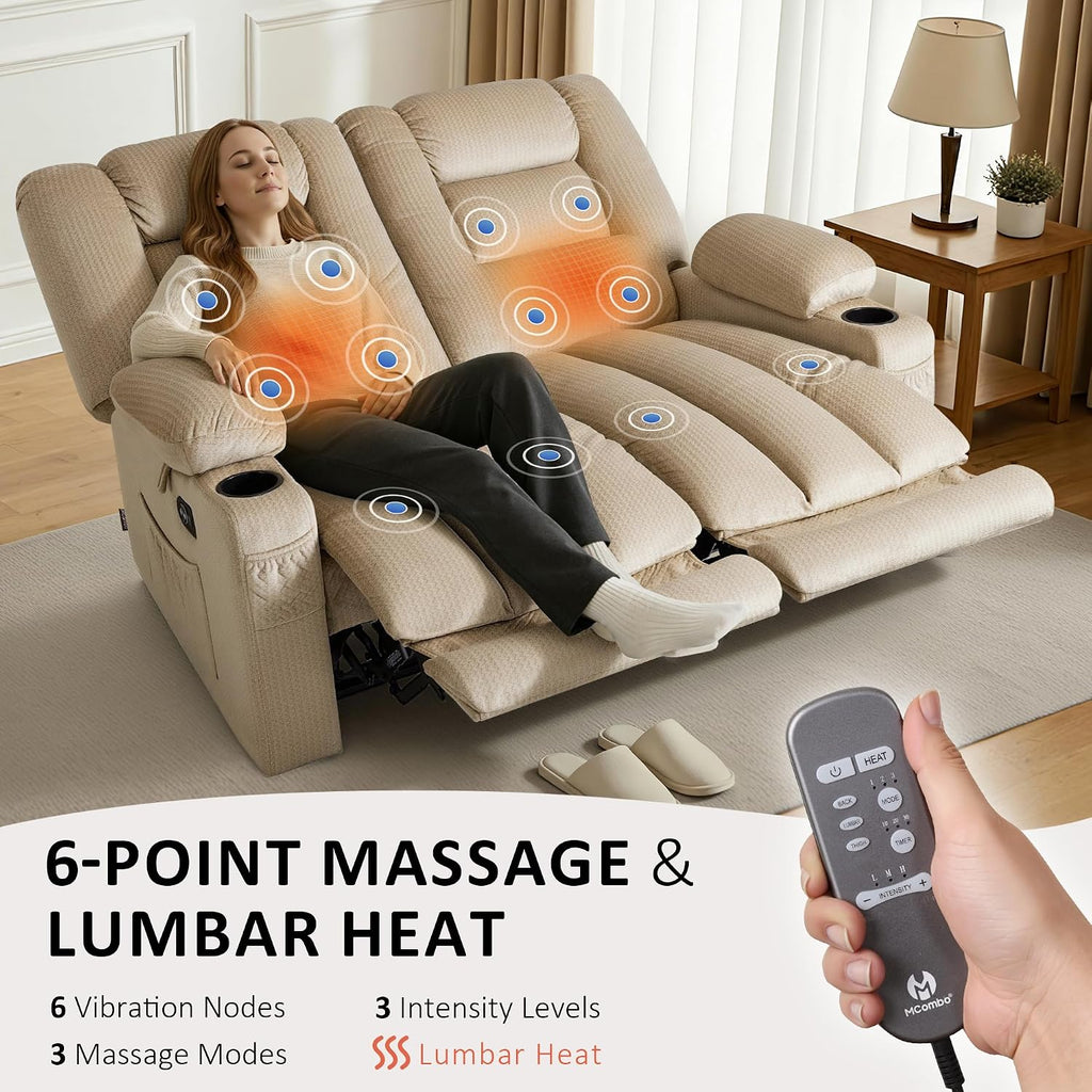 MCombo 55.9' Zero Gravity Power Loveseat Recliner with Heat and Vibration Massage, Reclining Loveseat Sofa with USB Ports, Cup Holders for Living Room, Fabric PR648SET (Beige)