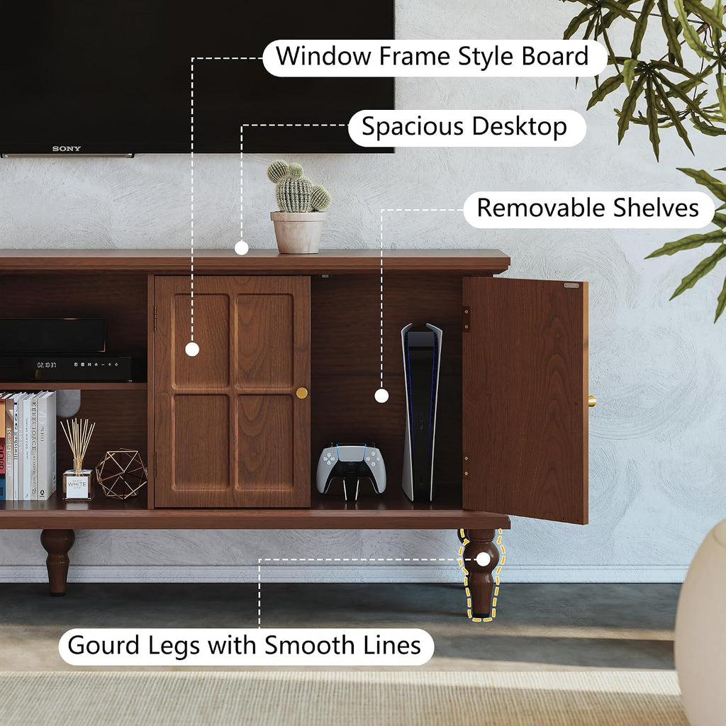 3More 67' Mid Century Modern TV Stand with Window Design,Wood Entertainment Center with Open Shelf,Up to 70' Media TV for Living Room or Bedroom,Walnut