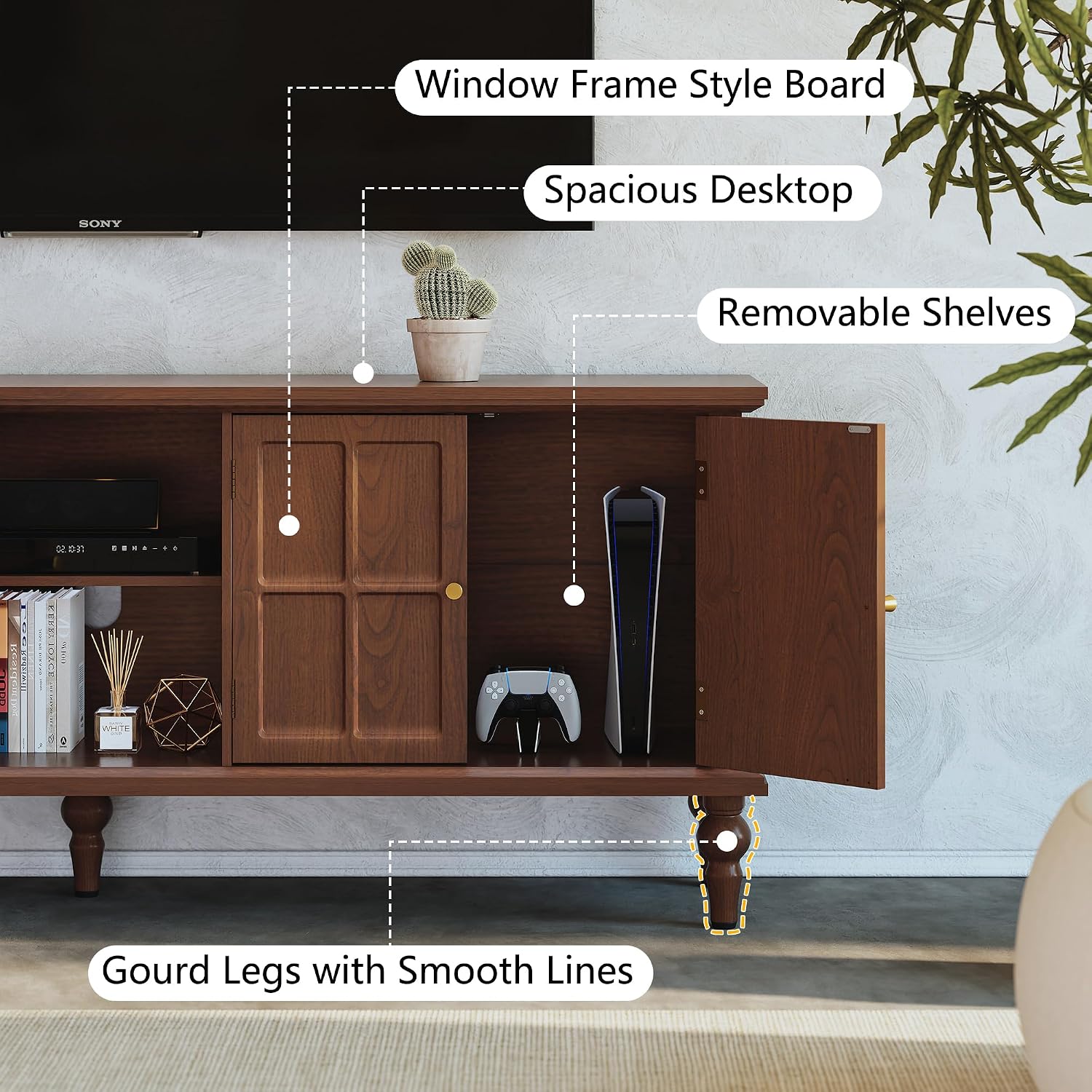 3More 67' Mid Century Modern TV Stand with Window Design,Wood Entertainment Center with Open Shelf,Up to 70' Media TV for Living Room or Bedroom,Walnut