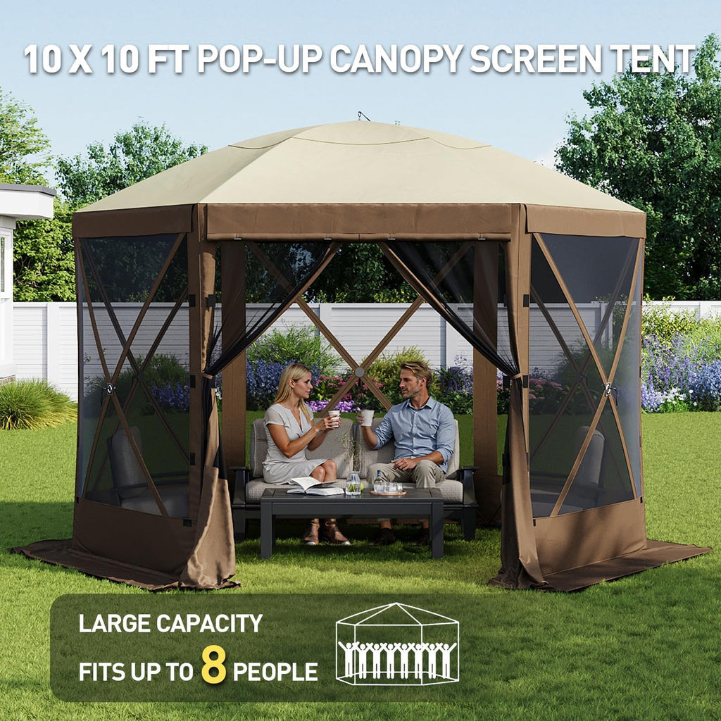 Aoxun 10x10FT Pop Up Canopy Tent, 6-Sided Pop-up Gazebo Screen Tent with Mesh Windows, Outdoor Canopy Shelter Tent with Carrying Bag, Large Shade Tents for Camping, Backyard, Patio, Lawn, Brown