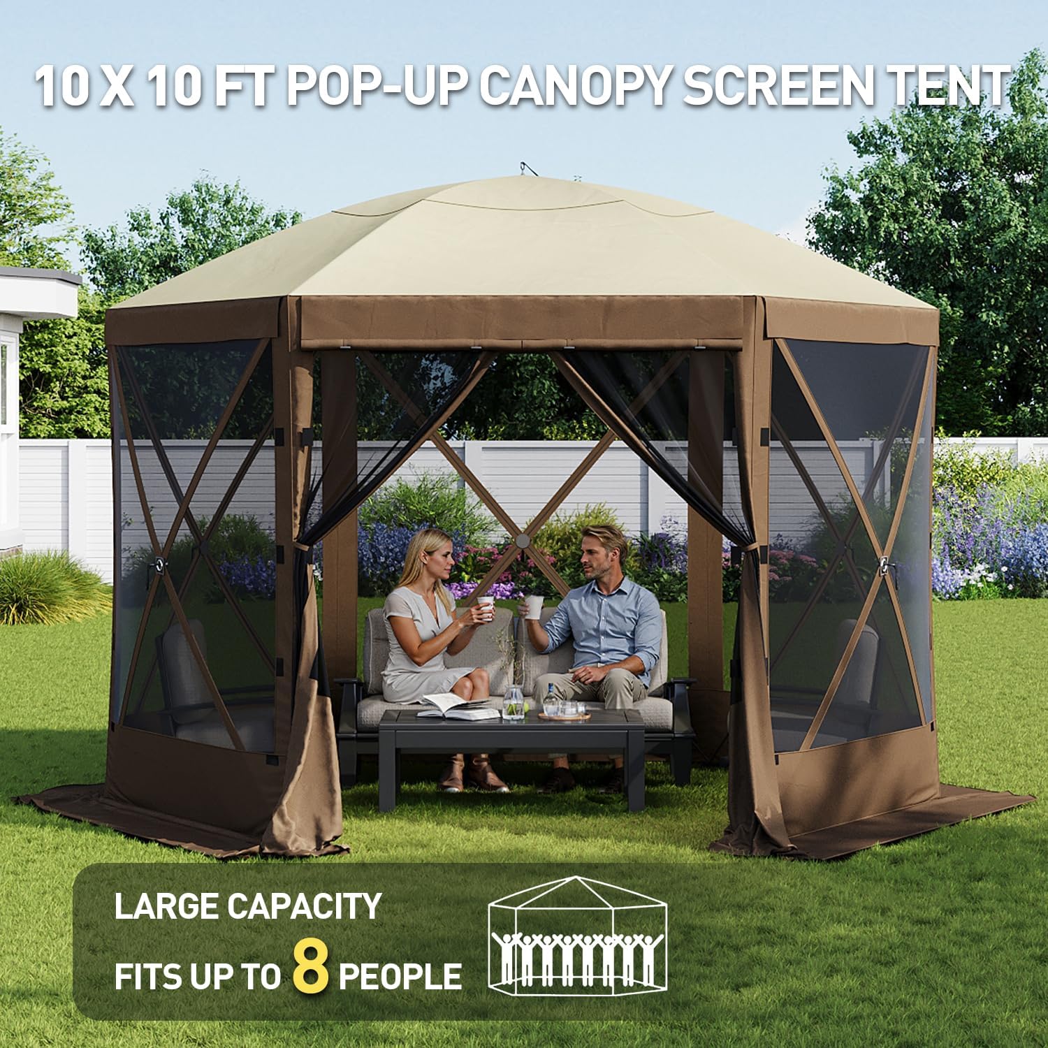 Aoxun 10x10FT Pop Up Canopy Tent, 6-Sided Pop-up Gazebo Screen Tent with Mesh Windows, Outdoor Canopy Shelter Tent with Carrying Bag, Large Shade Tents for Camping, Backyard, Patio, Lawn, Brown