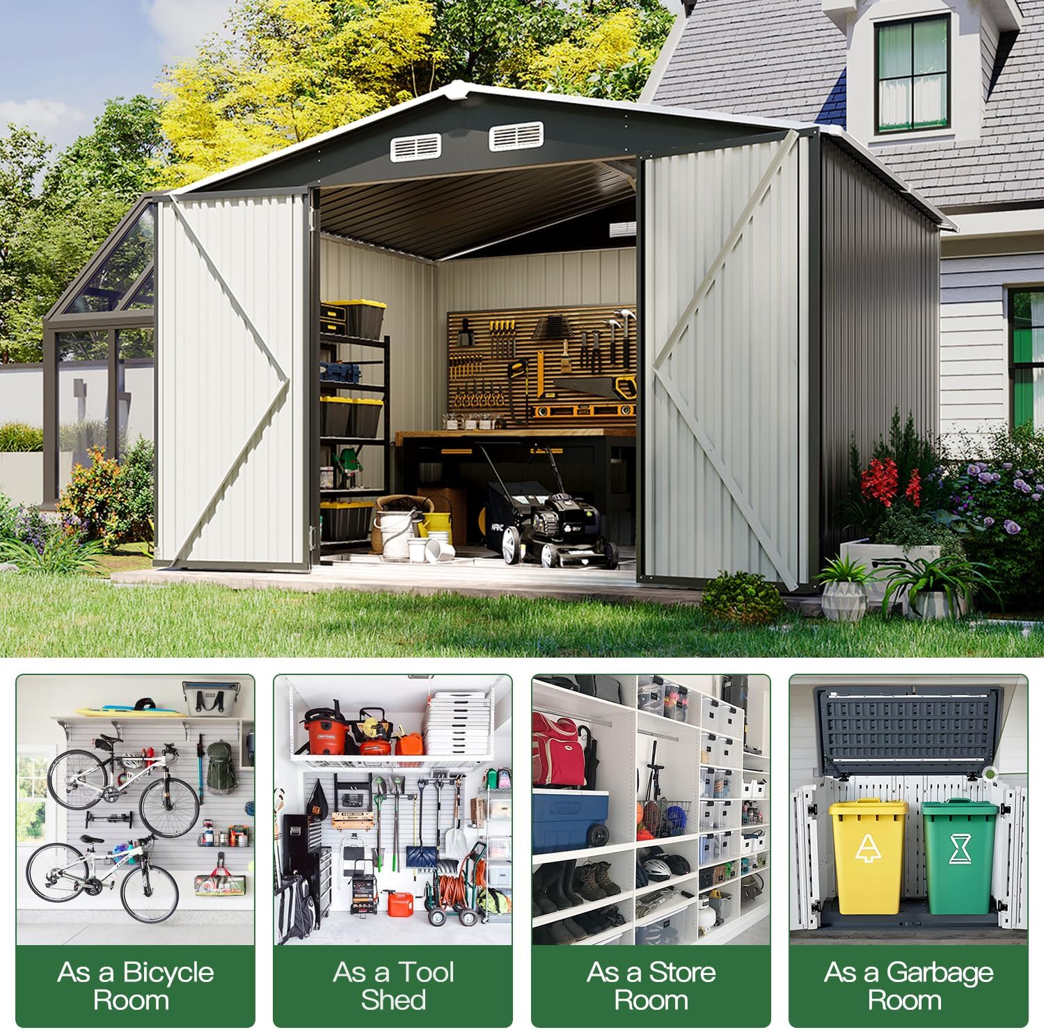 9.1' x 7.4' Outdoor Metal Storage Shed with Lockable Doors, Steel Utility Shed for Garden, Patio, Backyard & Lawn, Durable Black Design