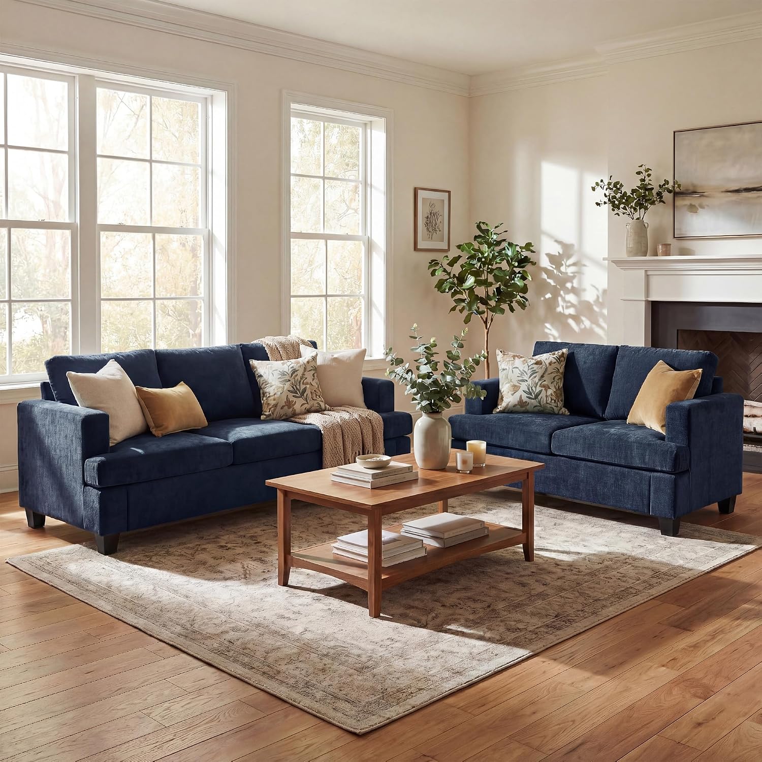 YOUDENOVA 2 Piece Set Comfy Sofa Couch, 3 Seater & Loveseat Sofa with Deep Seats, Modern Sleeper Couch for Living Room, Navy Chenille