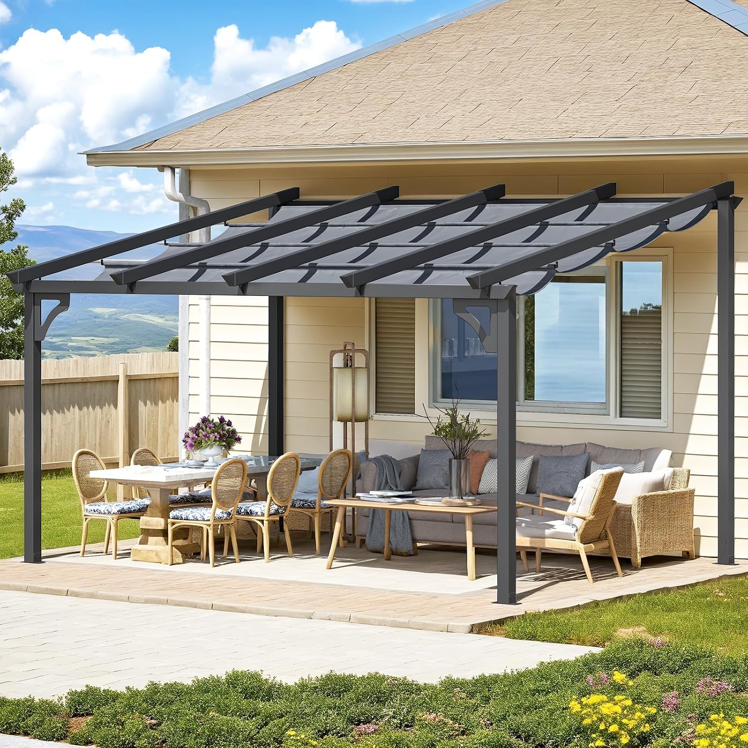 AECOJOY Retractable 10' x 14' Gazebo Pergola for Patio, Adjustable Sun Shade Canopy Roof, Small Wall-Mounted Lean to Outdoor Pergolas and Gazebos Clearance, Metal Awnings for Decks, Patio