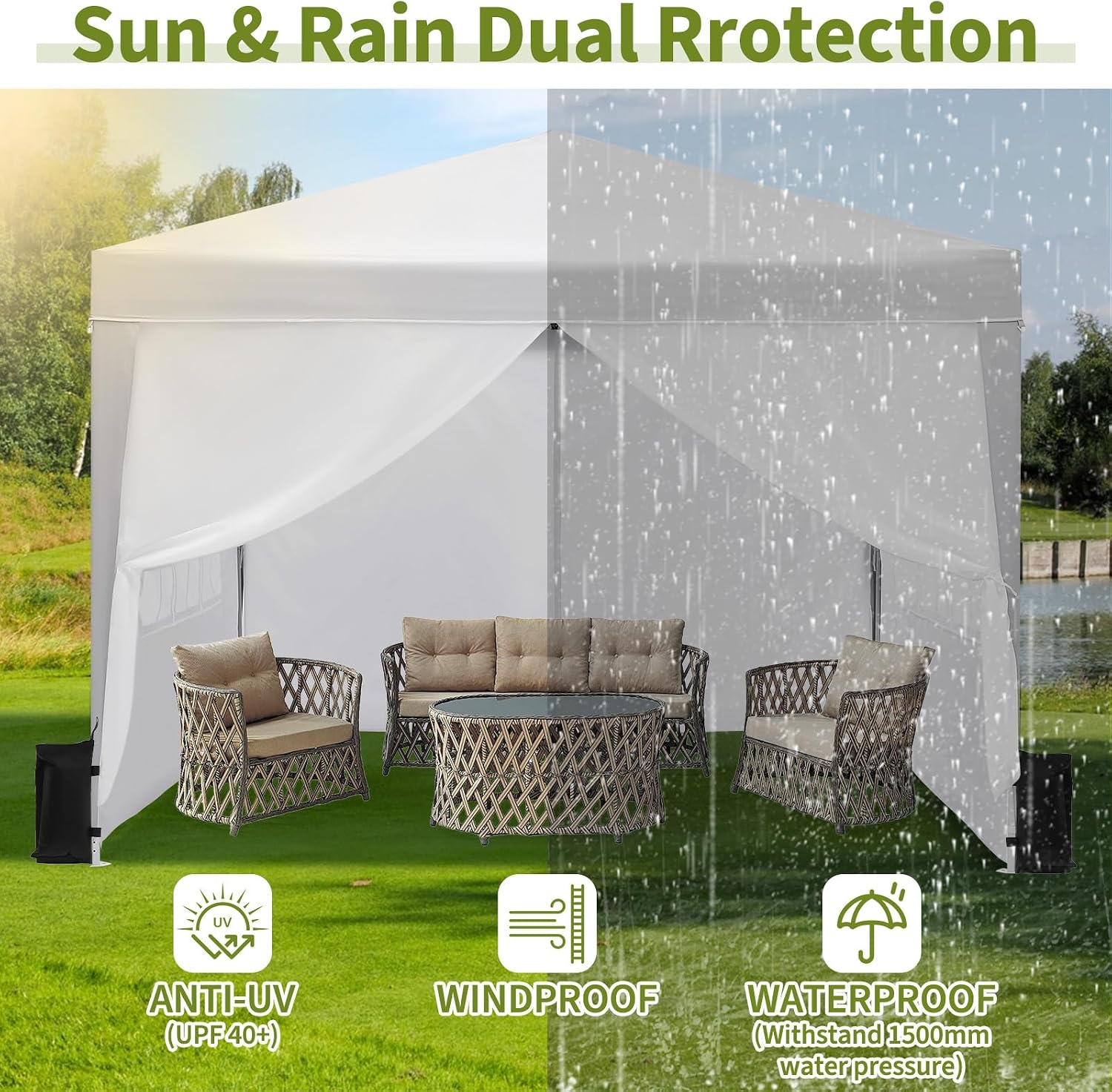 Garvee 10X10 Ft Instant Pop-Up Canopy Tent with 4 Sidewalls, Waterproof Portable Gazebo Shelter for Outdoor Camping, Beach, Backyard Parties & Events,White