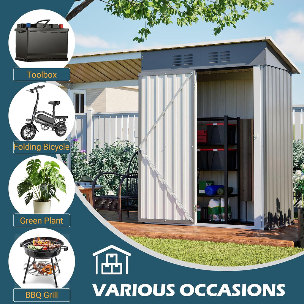 YOPTO 5×3 FT Outdoor Storage Shed & Gazebo Combo,Lean to Metal Tool Shed with Open Pergola,All-Weather 2-in-1 Garden Shed & Gazebo W/Sloping Roof and Lockable Door,for Backyard,Patio,Lawn(Gray)