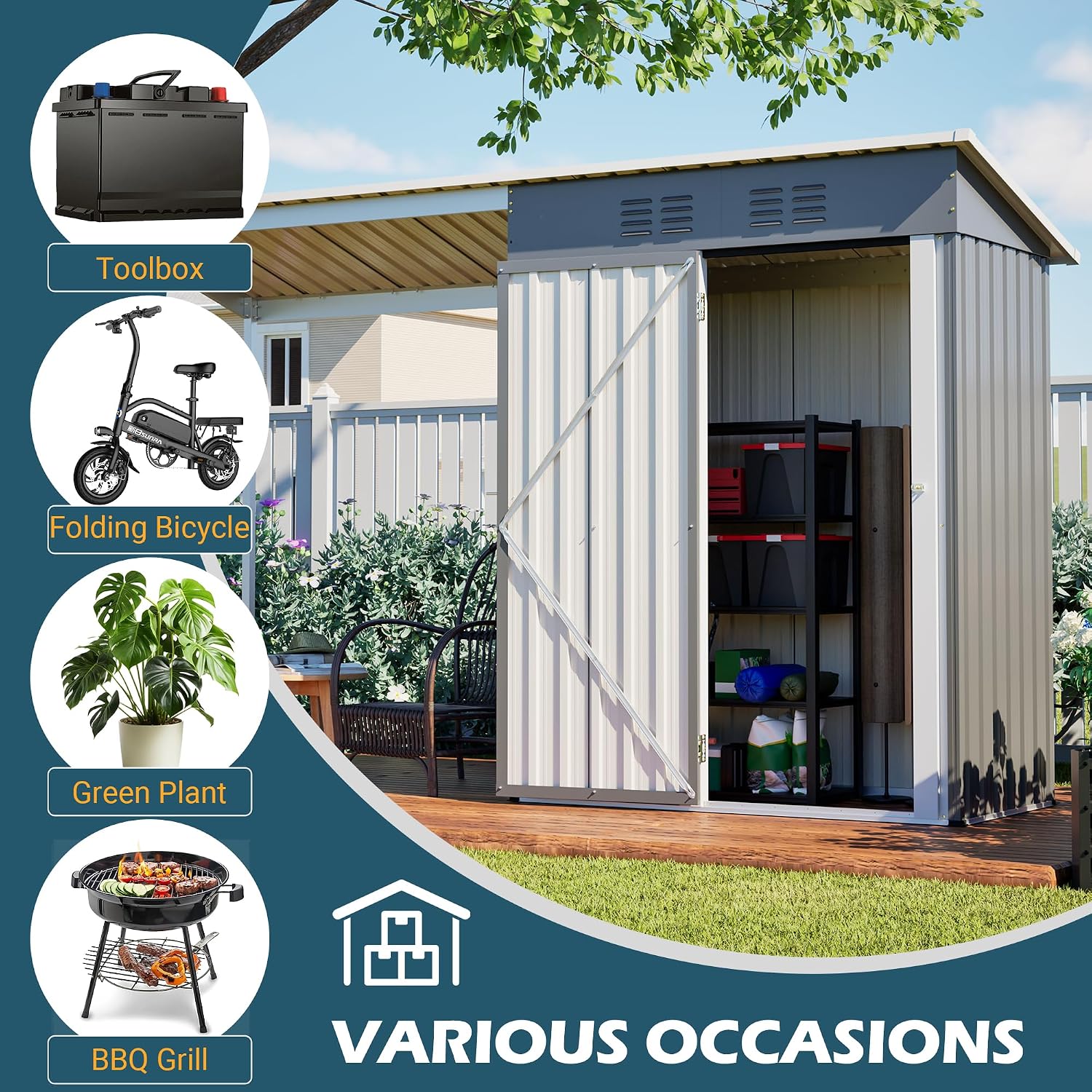 YOPTO 5×3 FT Outdoor Storage Shed & Gazebo Combo,Lean to Metal Tool Shed with Open Pergola,All-Weather 2-in-1 Garden Shed & Gazebo W/Sloping Roof and Lockable Door,for Backyard,Patio,Lawn(Gray)