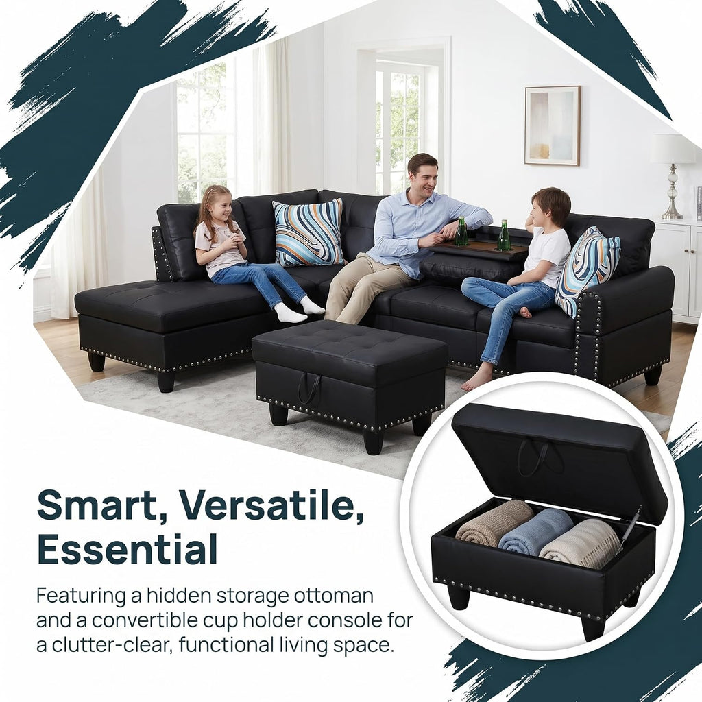 97.5' Leather L Shaped Couch Set Black, Modular Sectional Couches for Living Room with Storage Ottoman, 4 Seat Home Sofa Living Room Furniture Sets with Chaise for Apartment Office