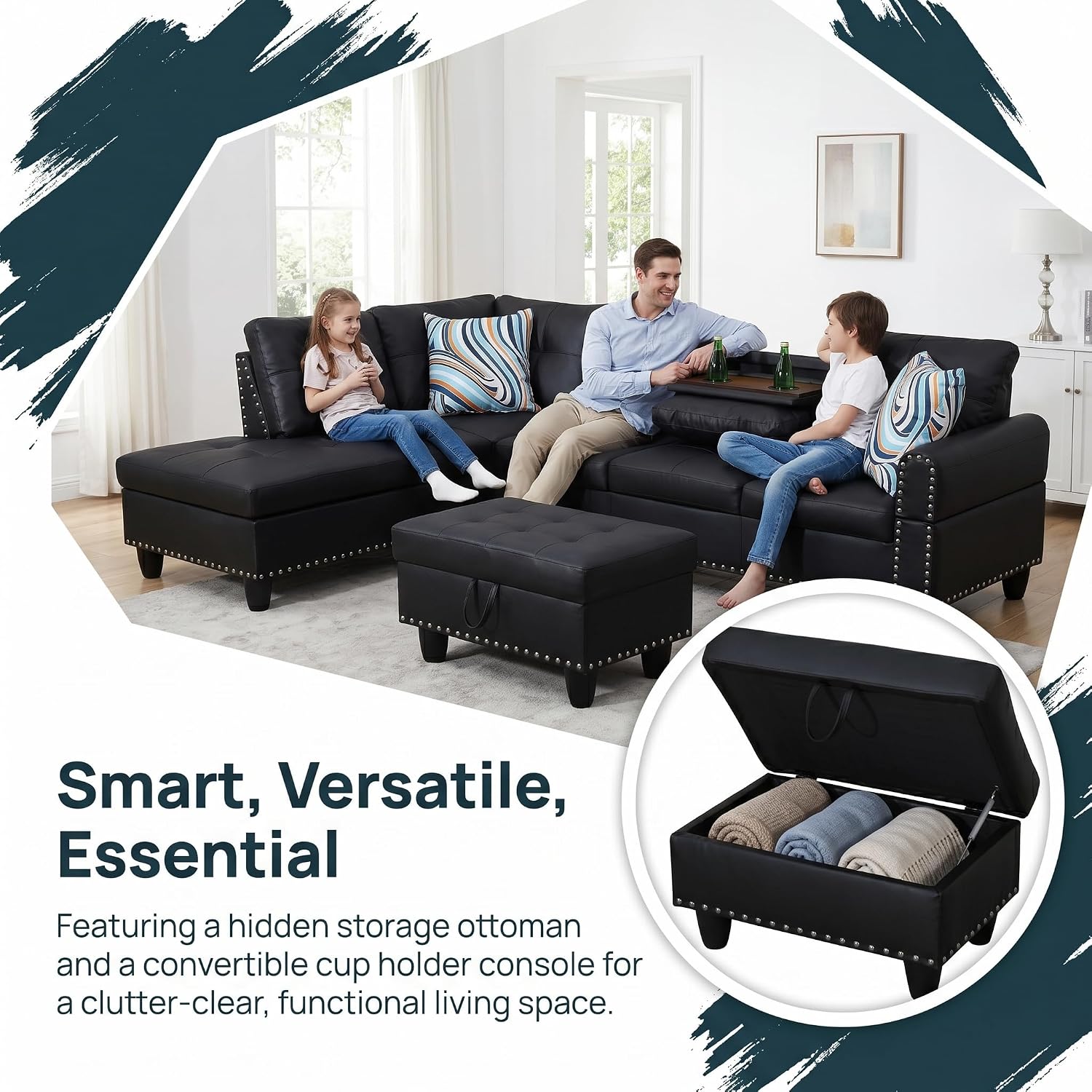 97.5' Leather L Shaped Couch Set Black, Modular Sectional Couches for Living Room with Storage Ottoman, 4 Seat Home Sofa Living Room Furniture Sets with Chaise for Apartment Office