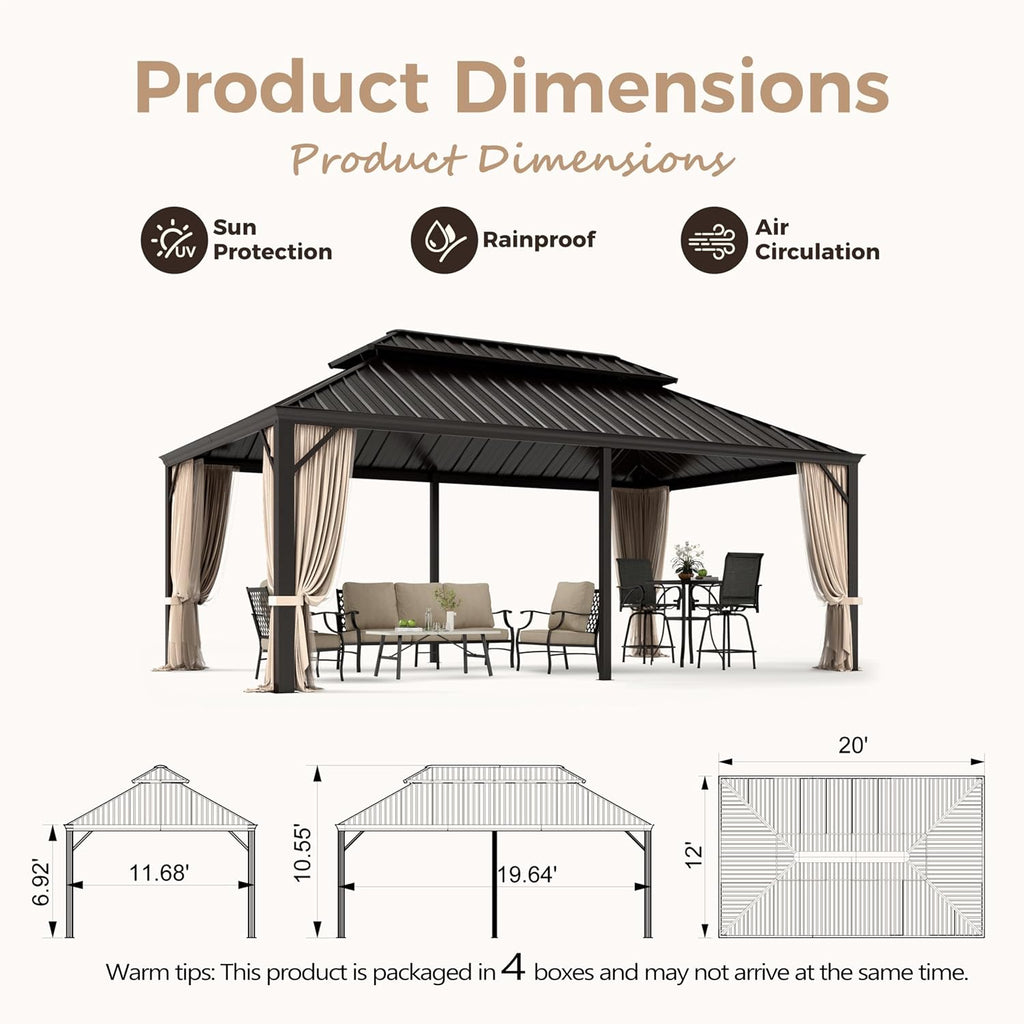 MIXPATIO 12' x 20' Hardtop Gazebo, Galvanized Steel Metal Double Roof Gazebo, Permanent Outdoor Metal Pavilion with Curtain and Netting for Deck, Backyard, Patio, Lawns