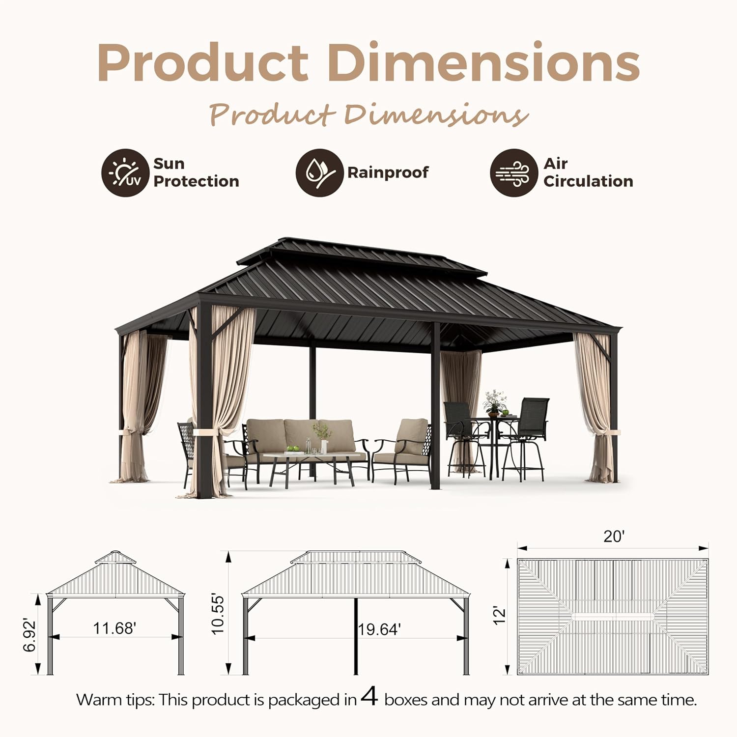 MIXPATIO 12' x 20' Hardtop Gazebo, Galvanized Steel Metal Double Roof Gazebo, Permanent Outdoor Metal Pavilion with Curtain and Netting for Deck, Backyard, Patio, Lawns